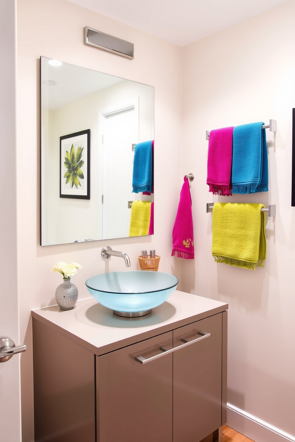 A stylish half bath featuring colorful towels that add vibrant accents to the space. The walls are painted in a soft neutral tone, complementing the rich hues of the towels displayed on a sleek rack. The vanity is modern with a polished finish, topped with a chic vessel sink. A large mirror above the vanity enhances the brightness of the room, while decorative elements create a welcoming and lively atmosphere.