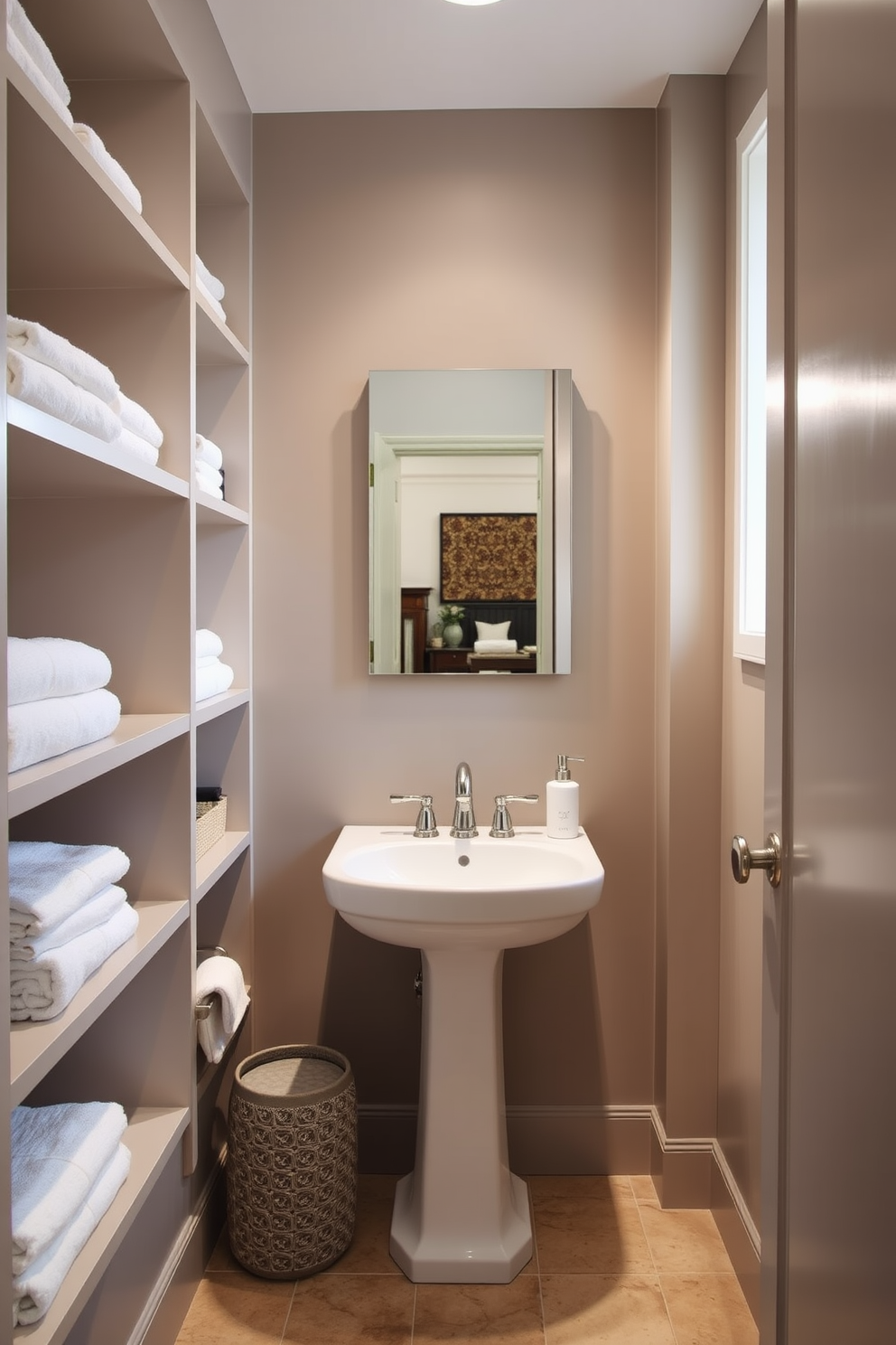 Open shelving lines the walls of a stylish half bath, showcasing neatly arranged towels and decorative items for easy access. The room features a sleek pedestal sink complemented by a modern mirror, with soft lighting enhancing the inviting atmosphere.