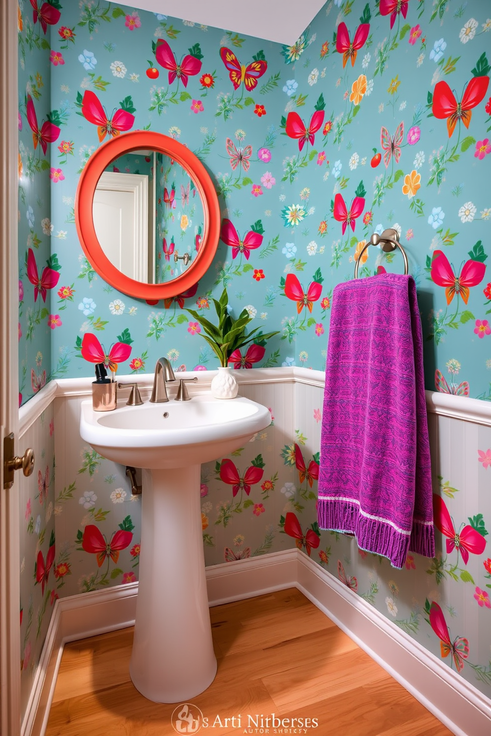 A whimsical half bath powder room features vibrant wallpaper adorned with playful patterns of flowers and butterflies. The walls are complemented by a sleek white pedestal sink and a round mirror framed in a cheerful color. The flooring is a light wood that adds warmth to the space while a small potted plant sits on the countertop to enhance the playful vibe. Soft, colorful towels hang from a stylish towel rack, inviting guests to enjoy the cheerful atmosphere.