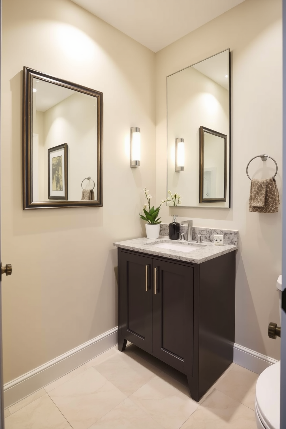 A stylish half bath featuring framed mirrors that reflect light and enhance the sense of space. The walls are painted in a soft pastel color, and the flooring consists of elegant porcelain tiles. The vanity is sleek and modern, topped with a polished granite surface. Decorative accents include a small potted plant and a chic soap dispenser on the countertop.