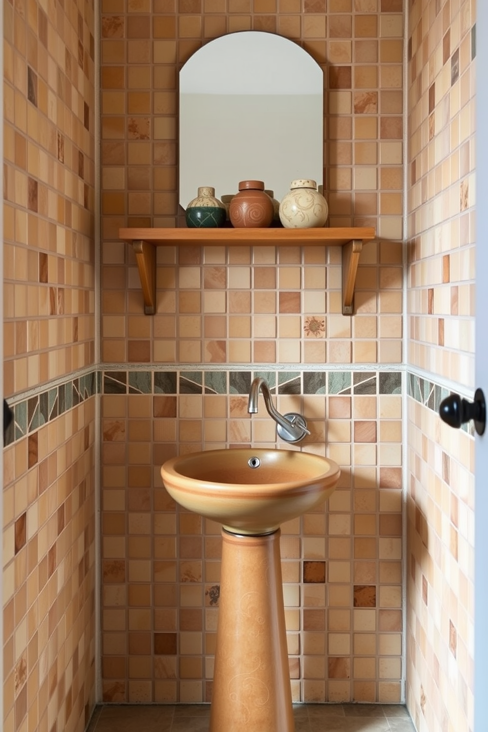 Artisan ceramics are featured prominently in this half bath, adding a touch of uniqueness and character to the space. The walls are adorned with handcrafted ceramic tiles in soft earth tones, creating a warm and inviting atmosphere. The centerpiece is a stylish pedestal sink made of artisan pottery, complemented by a sleek, modern faucet. A small wooden shelf above the sink displays decorative ceramic pieces, enhancing the room's artistic flair.