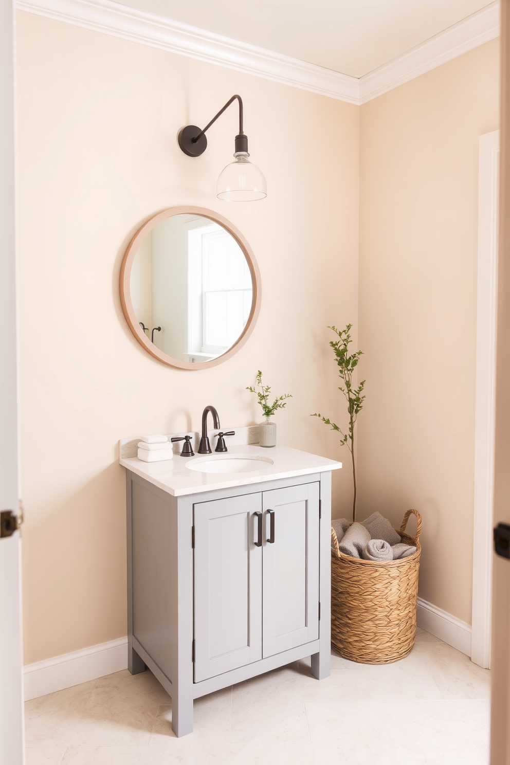 A serene half bath designed with neutral tones to create a calming atmosphere. The walls are painted in a soft beige, complemented by a light gray vanity with a quartz countertop and a single sink. A large round mirror with a simple wooden frame hangs above the sink, reflecting the warm light from a stylish pendant fixture. The floor features large, light-colored tiles, and a woven basket filled with plush towels sits in the corner for added texture.