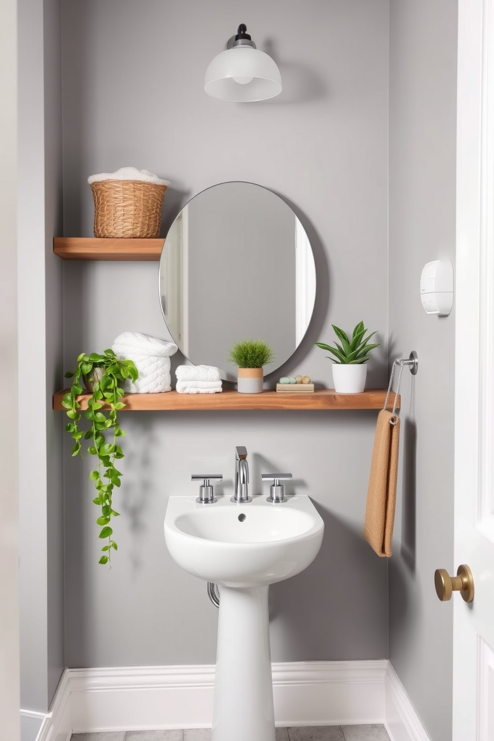 A chic half bath featuring floating shelves for stylish storage. The shelves are made of reclaimed wood and are adorned with decorative baskets and potted plants. The walls are painted in a soft gray hue, creating a calming atmosphere. A sleek pedestal sink complements the modern fixtures and adds to the overall elegance of the space.