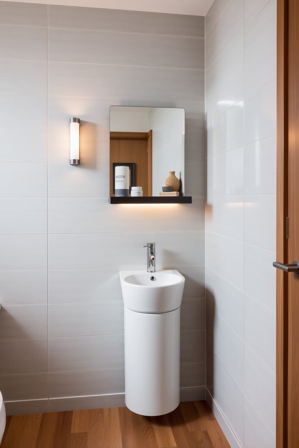 A stylish half bath with wall-mounted storage to maximize space efficiency. The walls are adorned with soft gray tiles, and a sleek floating shelf holds neatly arranged toiletries and decorative items. A compact vanity with a modern sink is positioned beneath a large mirror, reflecting the light from a stylish wall sconce. The floor features warm wood accents, creating a cozy and inviting atmosphere.