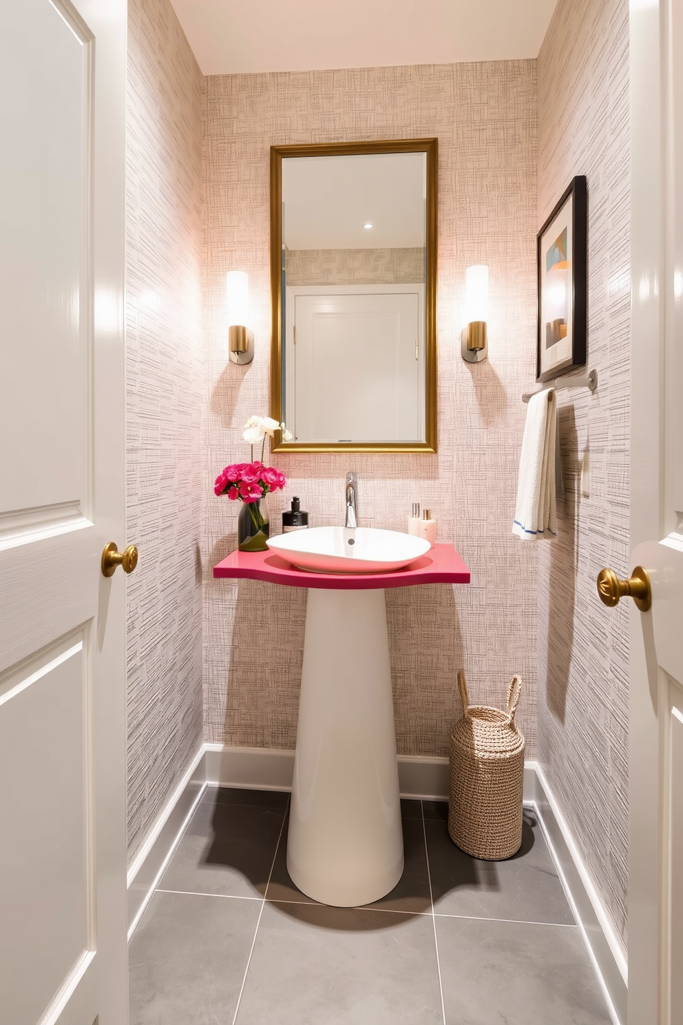 A unique sink with an artistic design serves as the focal point of the half bath. The walls are adorned with textured wallpaper in soft neutral tones, and the floor features sleek gray tiles that complement the overall aesthetic. The powder room includes a stylish vanity with a modern silhouette, topped with a vibrant countertop that contrasts beautifully with the sink. Decorative elements such as a statement mirror and carefully selected artwork add personality and charm to the space.