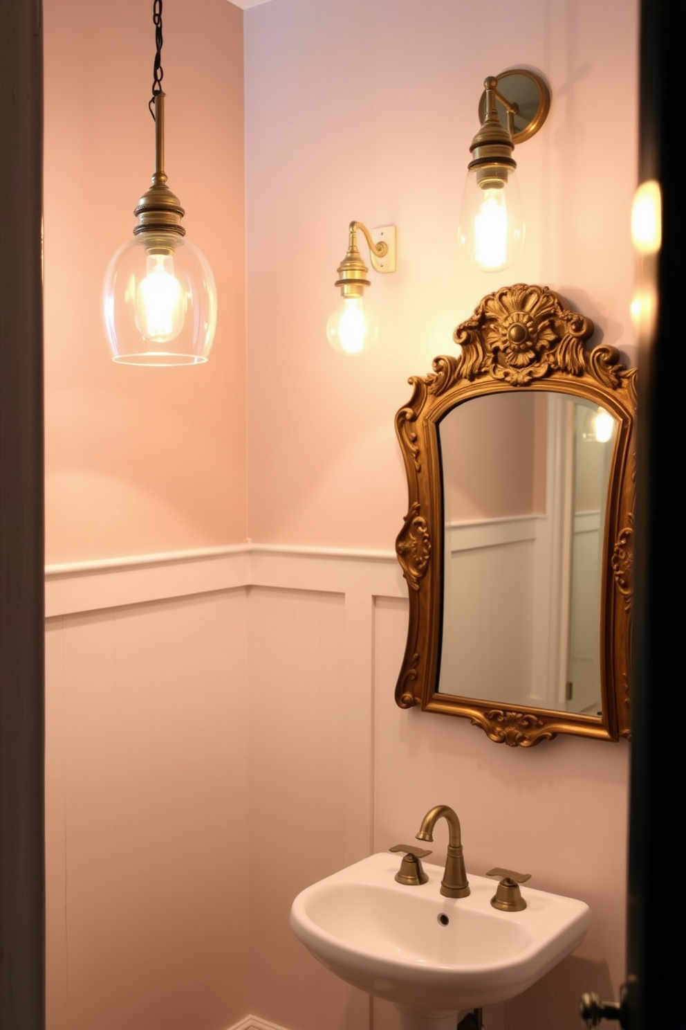 Chic pendant lighting for ambiance. The space features elegant pendant lights suspended from the ceiling, casting a warm glow throughout the room. Half Bath Powder Room Design Ideas. The design includes a stylish pedestal sink paired with a vintage mirror, creating a timeless focal point in the compact space.