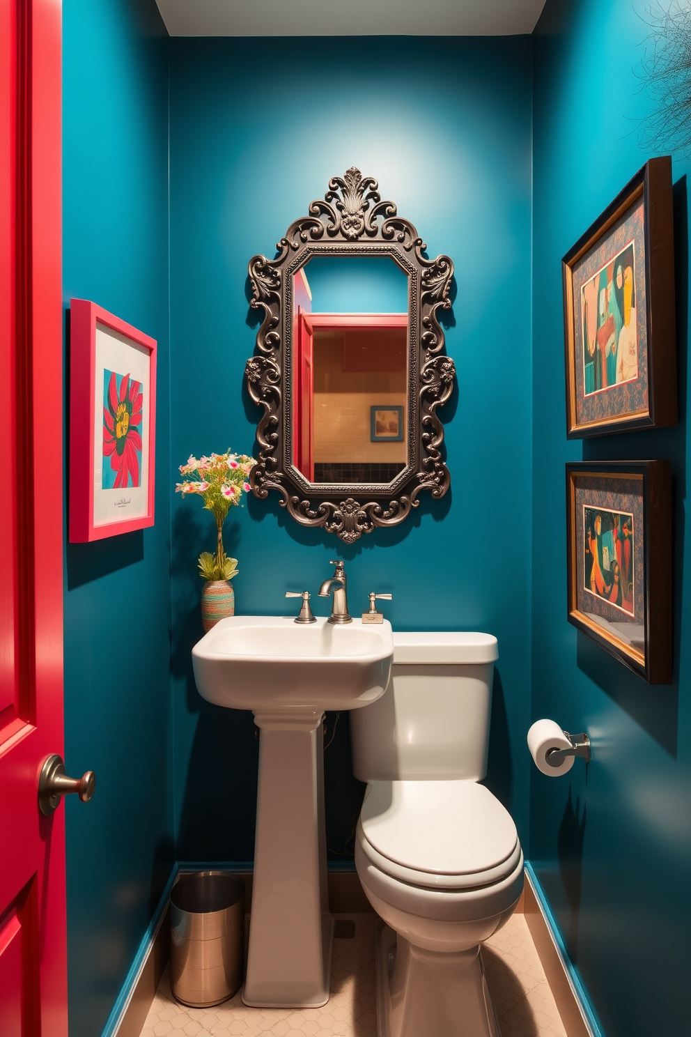 A stylish half bath with bold color accents on the walls creates a vibrant atmosphere. The space features a sleek pedestal sink and a modern toilet, complemented by colorful artwork that adds personality. Rich hues like deep teal and vibrant coral are used to create an inviting backdrop. A decorative mirror with an ornate frame hangs above the sink, enhancing the room's elegance.