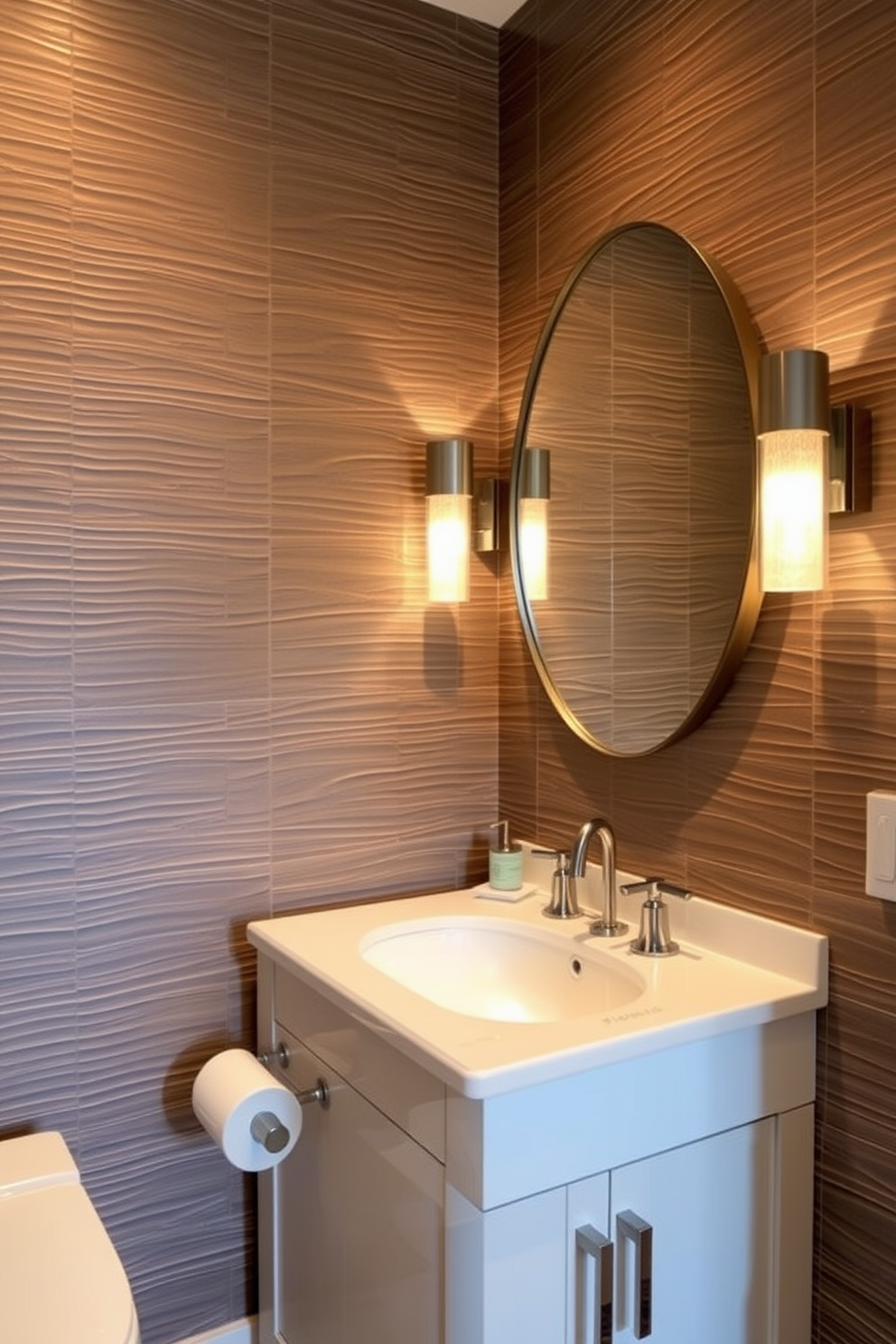 Textured wall panels create a striking backdrop in a half bath, adding depth and visual interest. The soft lighting highlights the unique patterns of the panels, enhancing the overall ambiance of the space. Incorporate elegant fixtures and a stylish vanity to complement the textured walls. A carefully chosen color palette ties the design together, creating a cohesive and inviting powder room.