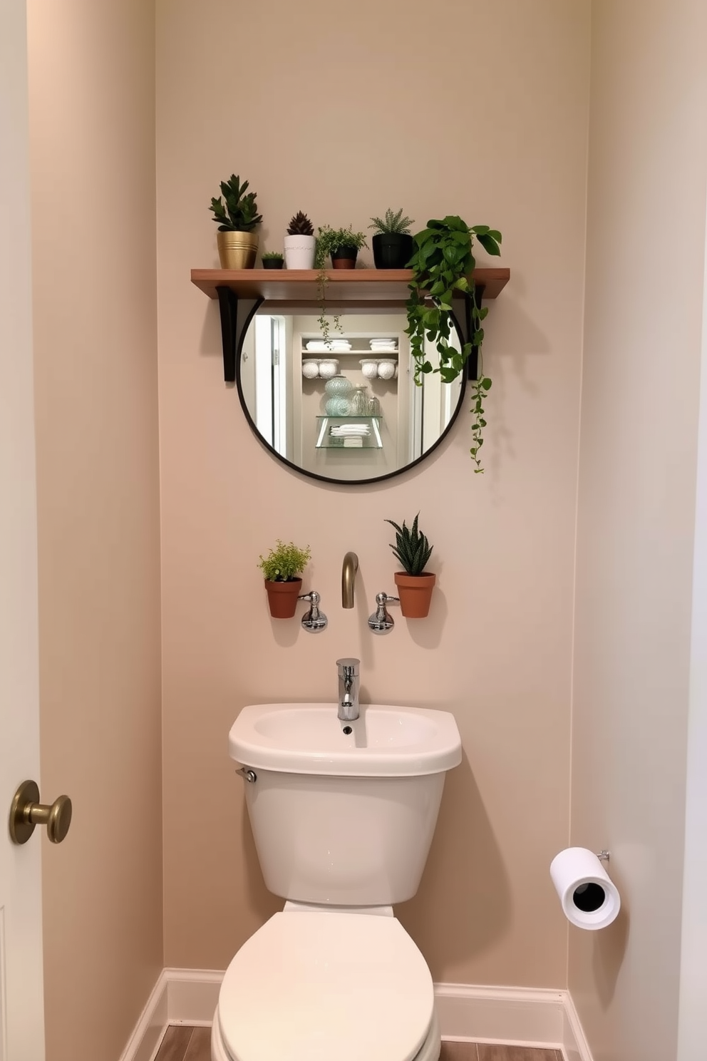 A cozy half bath featuring small plants for natural decor. The walls are painted in a soft beige, and a stylish pedestal sink complements the space. A wooden shelf is mounted above the toilet, adorned with various potted plants. A round mirror with a minimalist frame reflects the greenery, creating a fresh and inviting atmosphere.