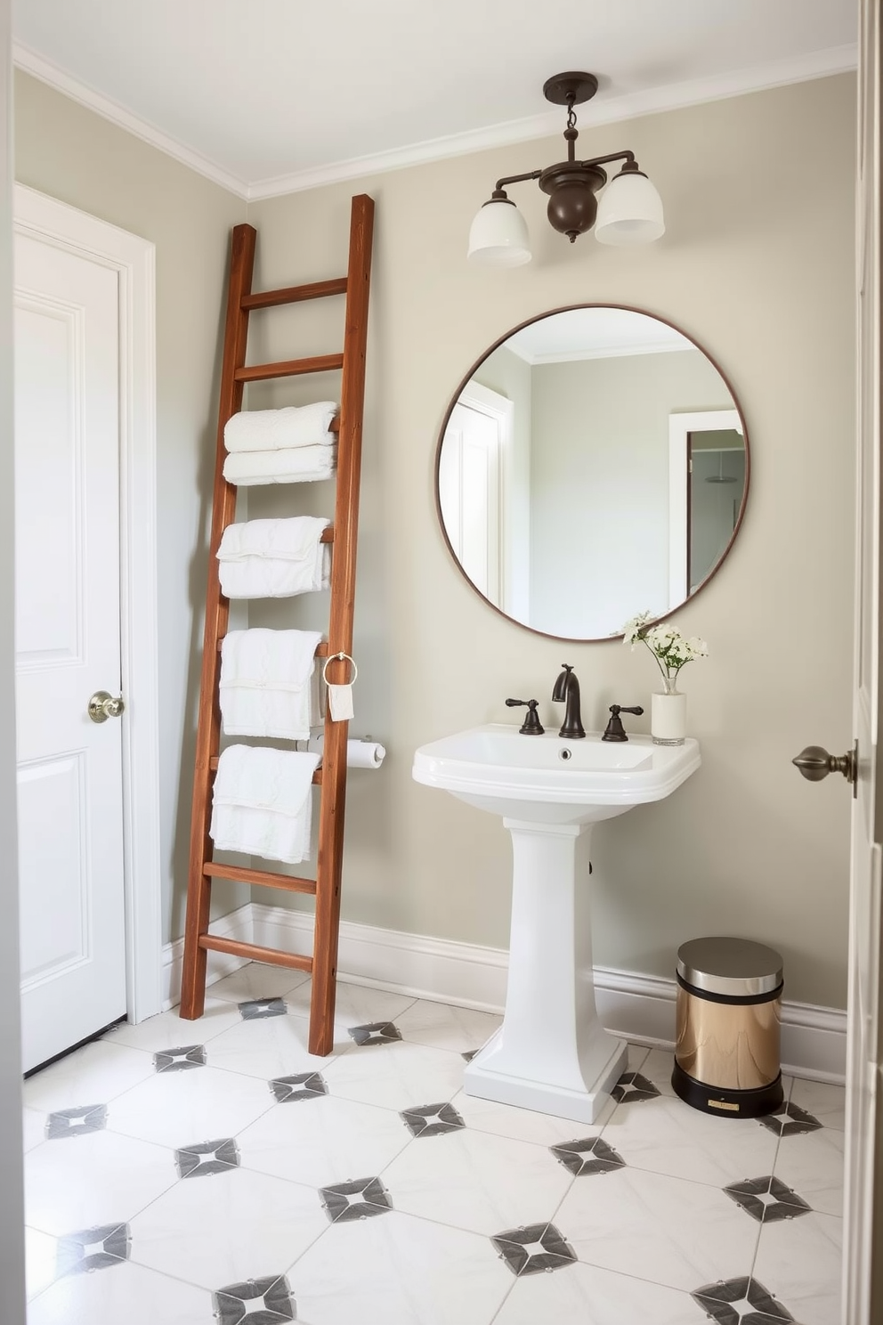 A stylish half bath featuring a decorative wooden ladder for towel storage. The ladder leans against a wall painted in a soft pastel hue, adding a touch of warmth and charm to the space. The floor is adorned with elegant tiles in a geometric pattern, enhancing the contemporary feel of the room. A sleek pedestal sink is positioned in front of a large round mirror, reflecting the tasteful decor and making the space feel larger.