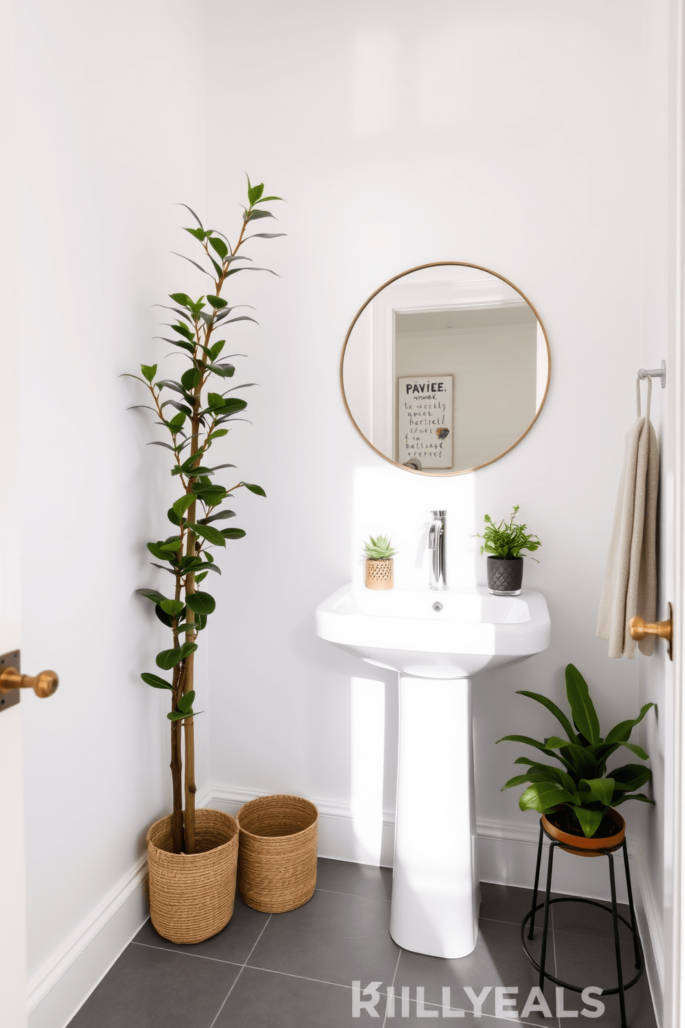 A stylish half bathroom featuring vibrant greenery that brings a fresh touch to the space. The walls are painted in a soft white, creating a bright and airy atmosphere complemented by a chic pedestal sink. In one corner, a tall potted plant adds height and visual interest, while smaller plants in decorative pots are placed on the countertop. The floor is adorned with sleek grey tiles, and a round mirror hangs above the sink, reflecting the natural light.