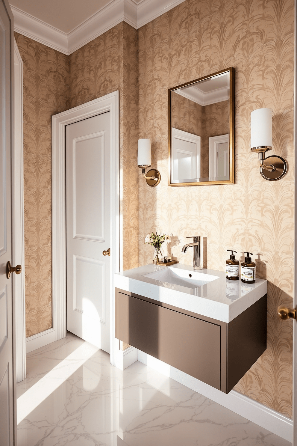 A chic half bathroom featuring stylish soap dispensers that enhance both functionality and aesthetic appeal. The walls are adorned with elegant wallpaper in soft hues, complemented by a sleek floating vanity with a modern sink. The floor is covered in polished marble tiles, reflecting the ambient light beautifully. A statement mirror hangs above the vanity, framed in brushed nickel, adding a touch of sophistication to the space.