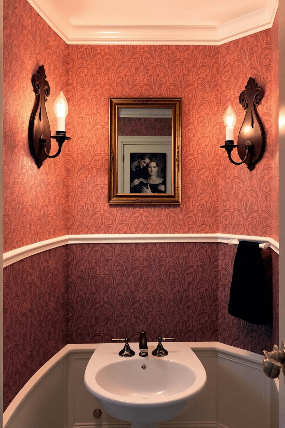 A stylish half bathroom features elegant sconces mounted on the walls, providing warm ambient lighting that enhances the overall atmosphere. The sconces are designed with intricate details and emit a soft glow, creating a welcoming and sophisticated space. The walls are adorned with a tasteful wallpaper that complements the light fixtures, while a sleek pedestal sink adds a modern touch. A small, framed mirror above the sink reflects the light from the sconces, making the room feel more spacious and inviting.