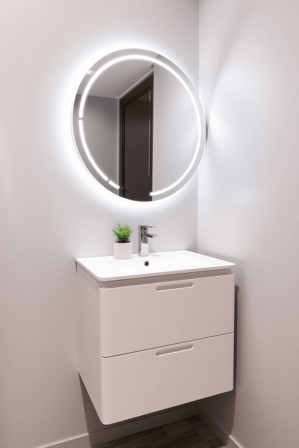 A compact vanity designed for space efficiency features a sleek, wall-mounted unit with a glossy white finish. Above the vanity, a circular mirror with integrated LED lighting enhances the modern aesthetic while maximizing functionality. The walls are painted in a soft gray tone, creating a calming atmosphere. A small potted plant sits on the countertop, adding a touch of greenery to the minimalist design.