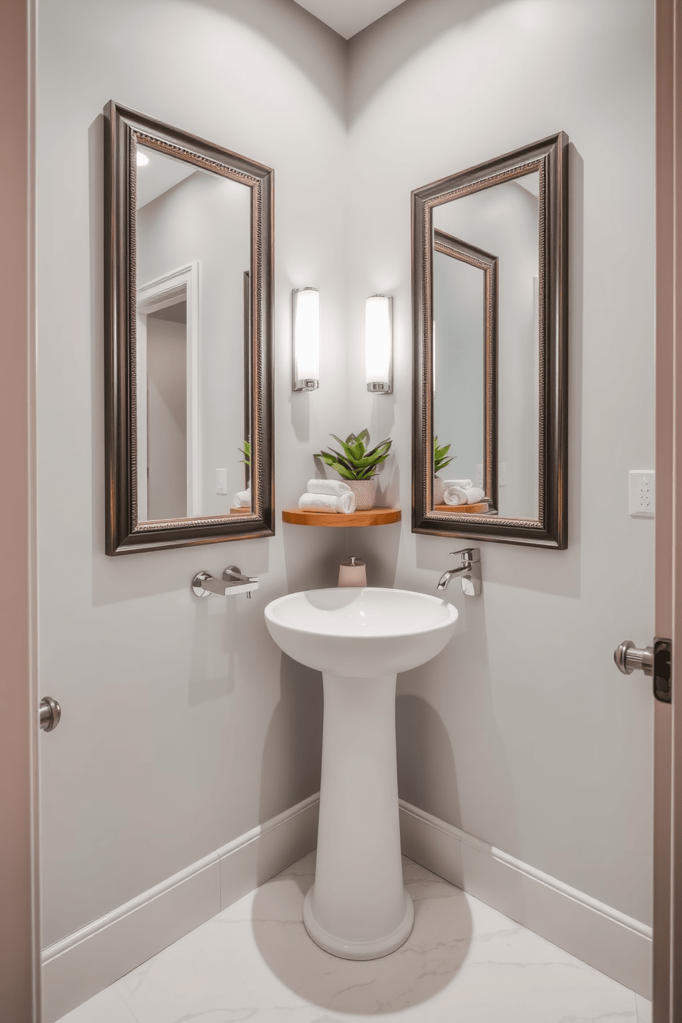 A stylish half bathroom featuring a pair of framed mirrors that enhance the polished aesthetic. The walls are adorned with soft gray paint, and the floor is covered with elegant white marble tiles. A sleek pedestal sink sits between the mirrors, complemented by modern chrome fixtures. A small wooden shelf above the sink holds neatly rolled towels and a decorative plant for a touch of greenery.