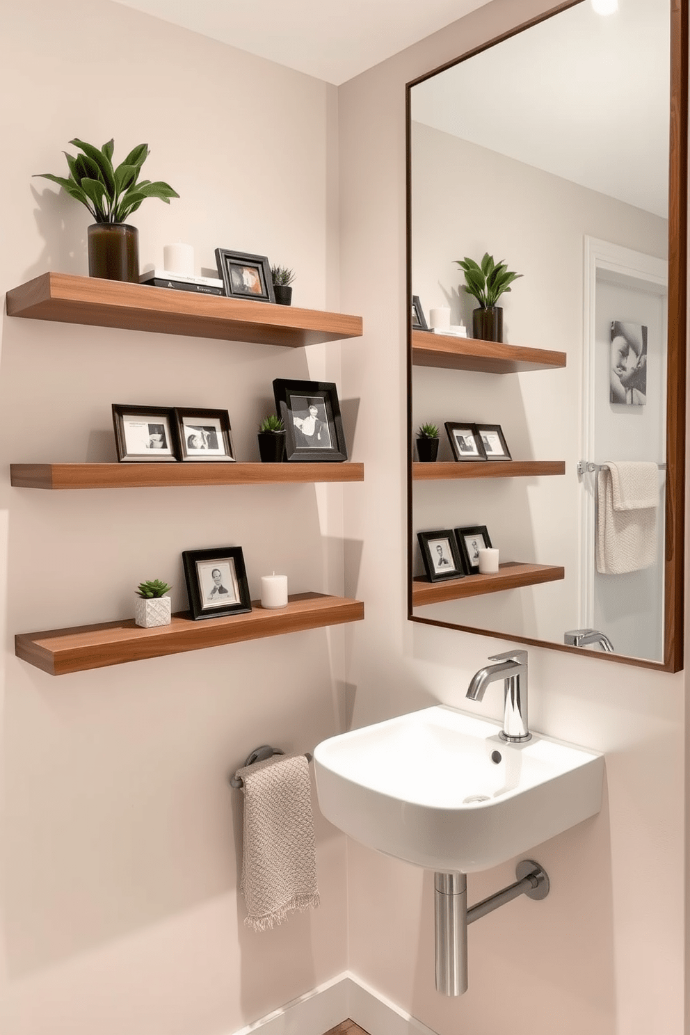 A stylish half bathroom featuring floating shelves for decorative display. The shelves are adorned with carefully curated decor items such as small potted plants, elegant candles, and framed photos. The walls are painted in a soft, neutral tone to create a warm ambiance. A sleek, modern sink is mounted against the wall beneath a large mirror, enhancing the sense of space and light.