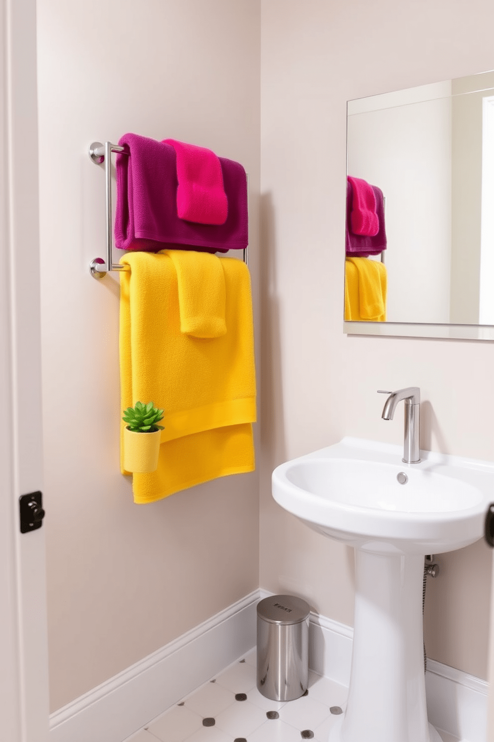 Chic towels in vibrant colors are artfully arranged on a sleek towel rack, adding a playful touch to the space. The half bathroom features a modern pedestal sink with a stylish faucet and a minimalist mirror that enhances the room's elegance. The walls are adorned with a soft, neutral hue, providing a perfect backdrop for the colorful towels. A small potted plant sits on the countertop, bringing a touch of nature into this refined yet functional area.