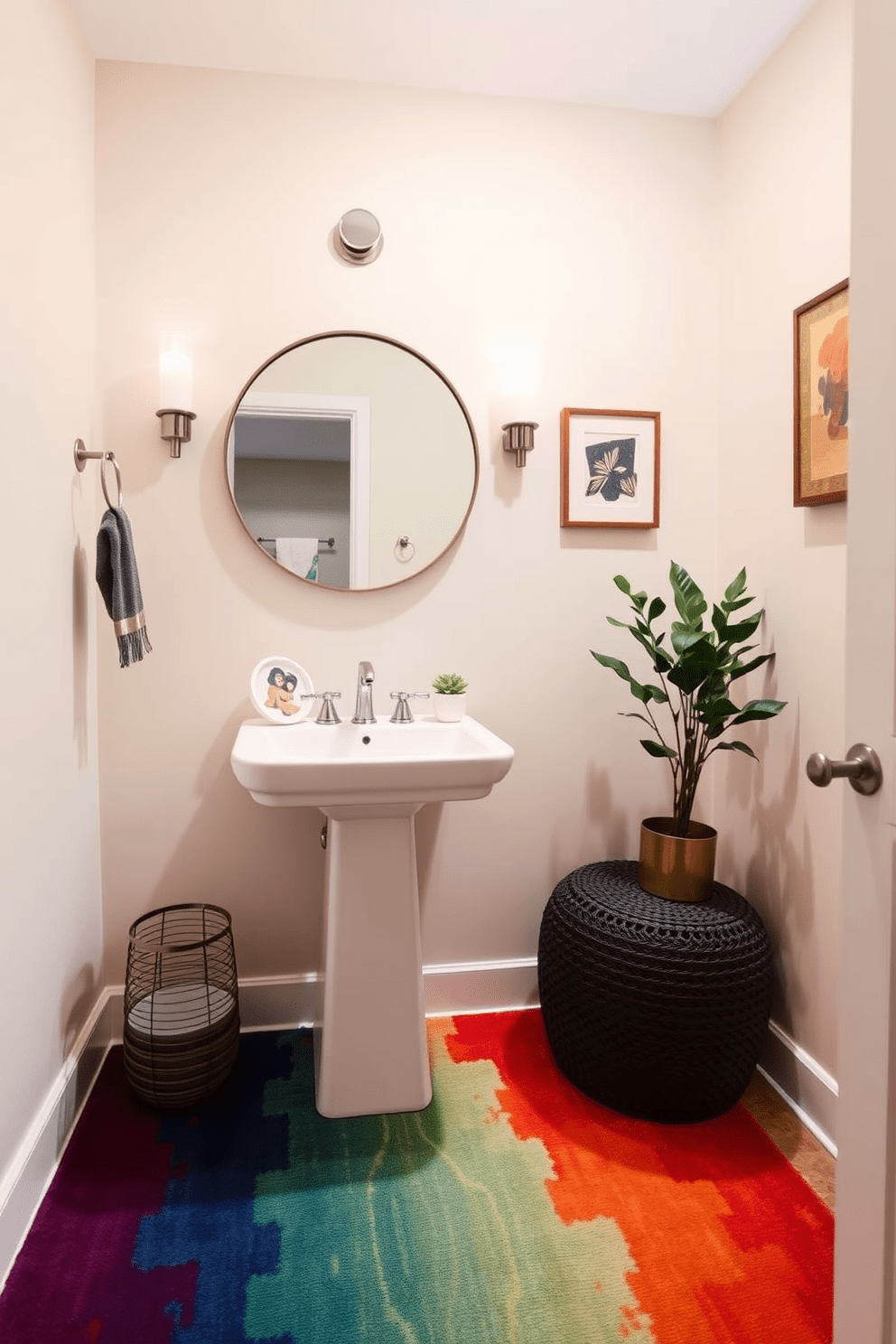 A stylish half bathroom featuring a bold accent rug in vibrant colors that adds a lively touch to the space. The walls are painted in a soft neutral tone, complementing the rich hues of the rug and creating a warm atmosphere. A sleek pedestal sink with a modern faucet is positioned against the wall, paired with a round mirror that enhances the room's depth. Decorative elements like a small potted plant and artistic wall art bring personality to the design while maintaining a clean aesthetic.