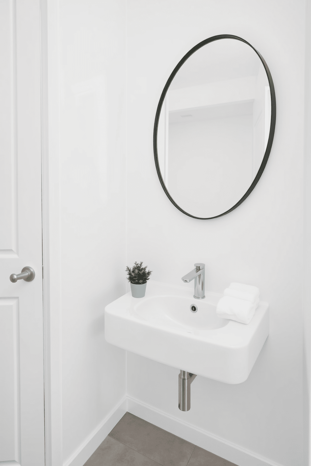 A minimalist half bathroom featuring a sleek wall-mounted sink with a simple chrome faucet. The walls are painted in a crisp white, and the floor is covered with light gray tiles for a clean aesthetic. A large round mirror with a thin black frame hangs above the sink, reflecting the natural light. A small potted plant sits on the countertop, adding a touch of greenery to the uncluttered space.