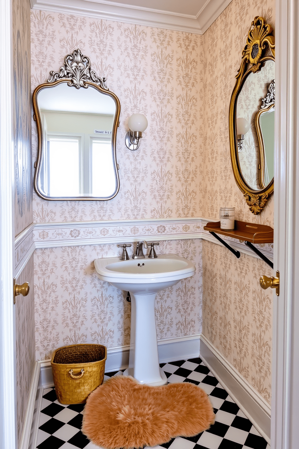 A stylish half bathroom featuring vintage mirrors that enhance the retro vibe. The walls are adorned with patterned wallpaper in soft pastel colors, and a pedestal sink complements the classic design. The floor is covered with black and white checkered tiles, adding a timeless touch to the space. A small wooden shelf holds decorative items, and a plush bath mat in a coordinating color lies beneath the sink.