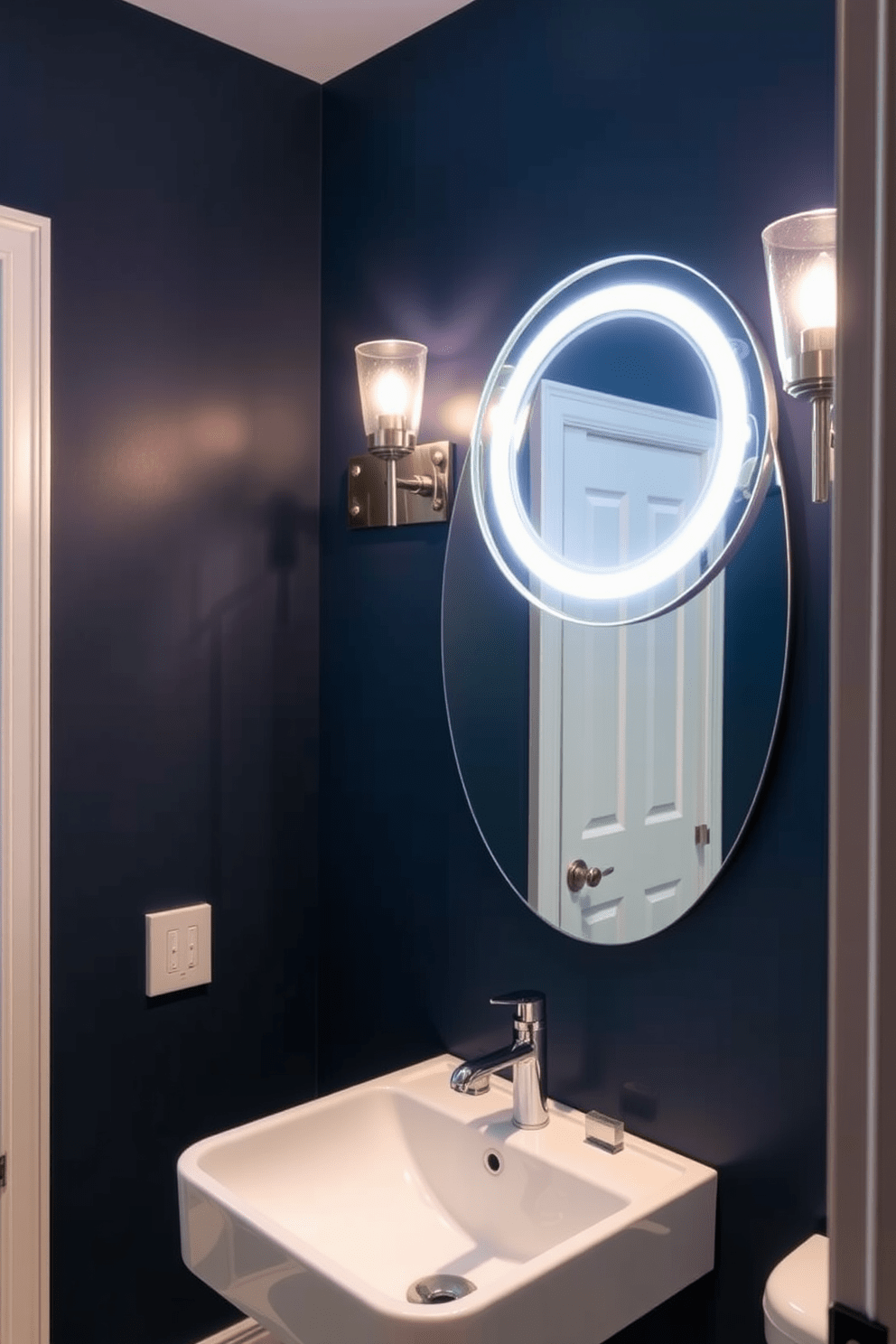 A stylish half bathroom featuring accent lighting that creates a dramatic atmosphere. The walls are painted in a deep navy blue, and a sleek wall-mounted sink complements the modern aesthetic. A large round mirror with integrated LED lighting hangs above the sink, enhancing the space's elegance. Decorative sconces on either side of the mirror provide additional illumination, casting a warm glow throughout the room.