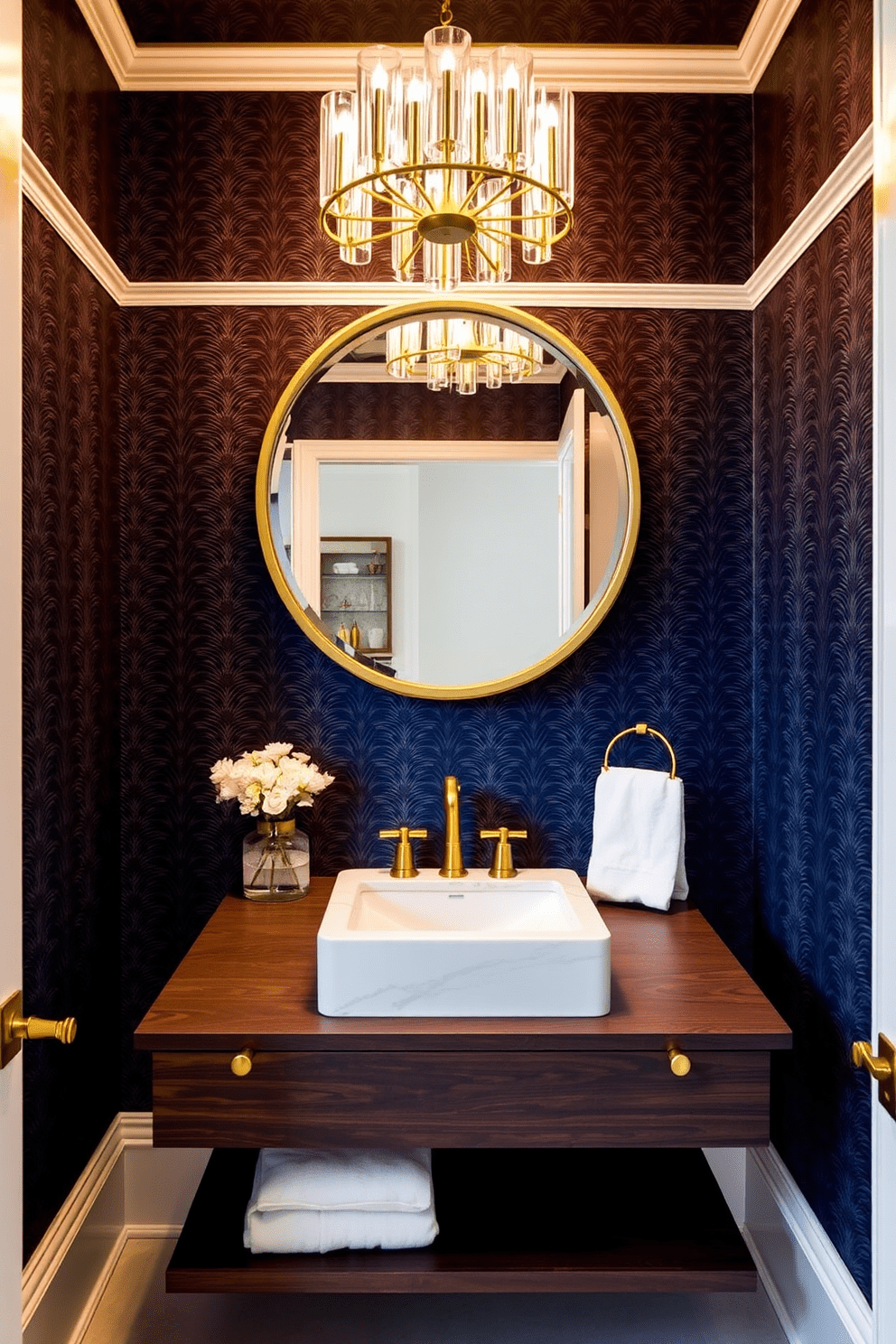 A stylish half bathroom featuring luxury finishes that exude elegance. The walls are adorned with rich navy blue wallpaper and accented with gold trim, creating a sophisticated atmosphere. A sleek floating vanity made of dark wood holds a stunning white marble sink. Above the vanity, a large round mirror with a gold frame reflects the ambient lighting from a chic chandelier overhead.