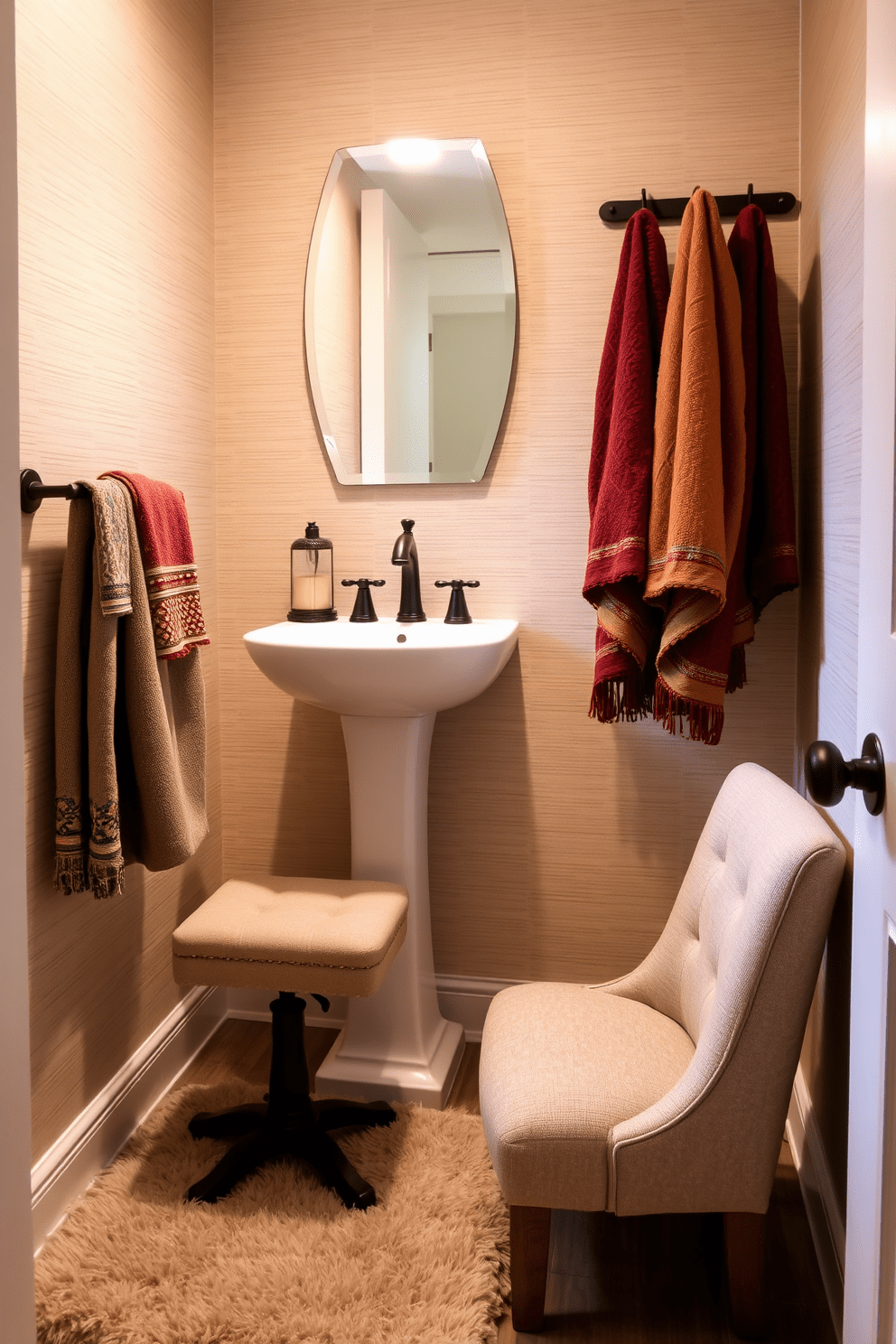 A cozy half bathroom featuring textured fabrics that enhance comfort. The walls are adorned with soft beige wallpaper, while a plush area rug in a neutral tone lies beneath a stylish pedestal sink. A comfortable upholstered stool sits beside the sink, inviting relaxation. Decorative towels in rich, warm hues hang neatly from a sleek towel bar, adding a touch of elegance to the space.