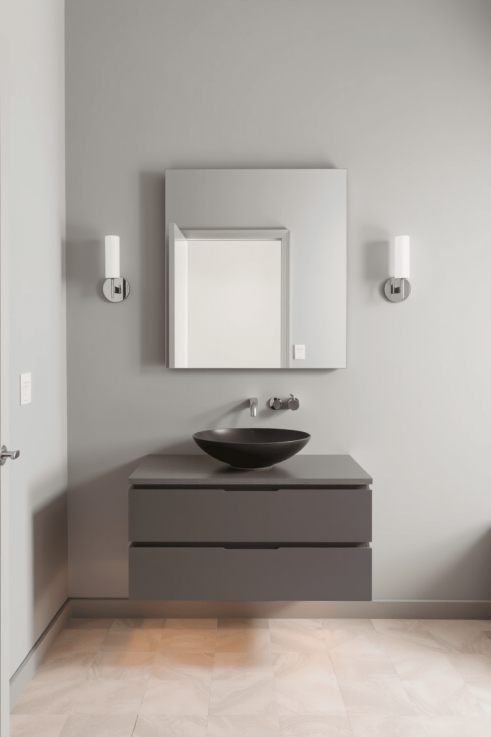 A modern half bathroom featuring wall-mounted faucets that enhance the sleek aesthetic. The vanity is minimalistic with a floating design, complemented by a large rectangular mirror above it. The walls are painted in a soft gray tone, creating a calm ambiance. A stylish vessel sink sits atop the vanity, paired with elegant wall-mounted lighting for added sophistication.