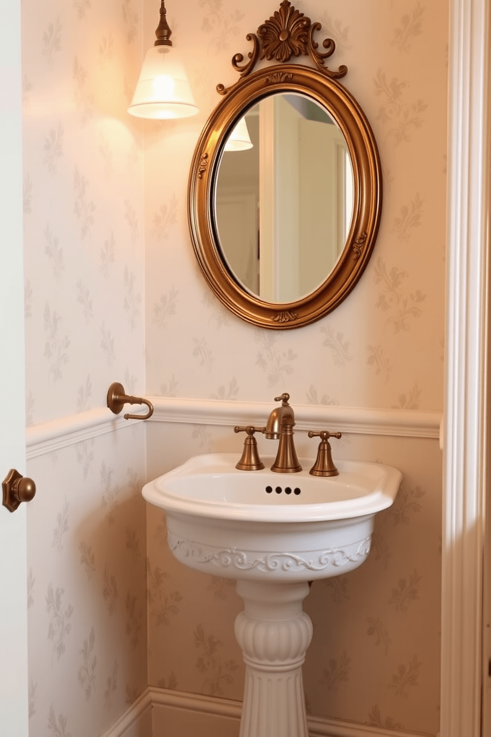 A charming half bathroom featuring vintage fixtures that evoke classic elegance. The sink is a pedestal style with intricate detailing, complemented by a polished brass faucet and a matching towel ring. The walls are adorned with soft pastel wallpaper, creating a warm and inviting atmosphere. A round mirror with a vintage frame hangs above the sink, reflecting the ambient light from an antique-style sconce.