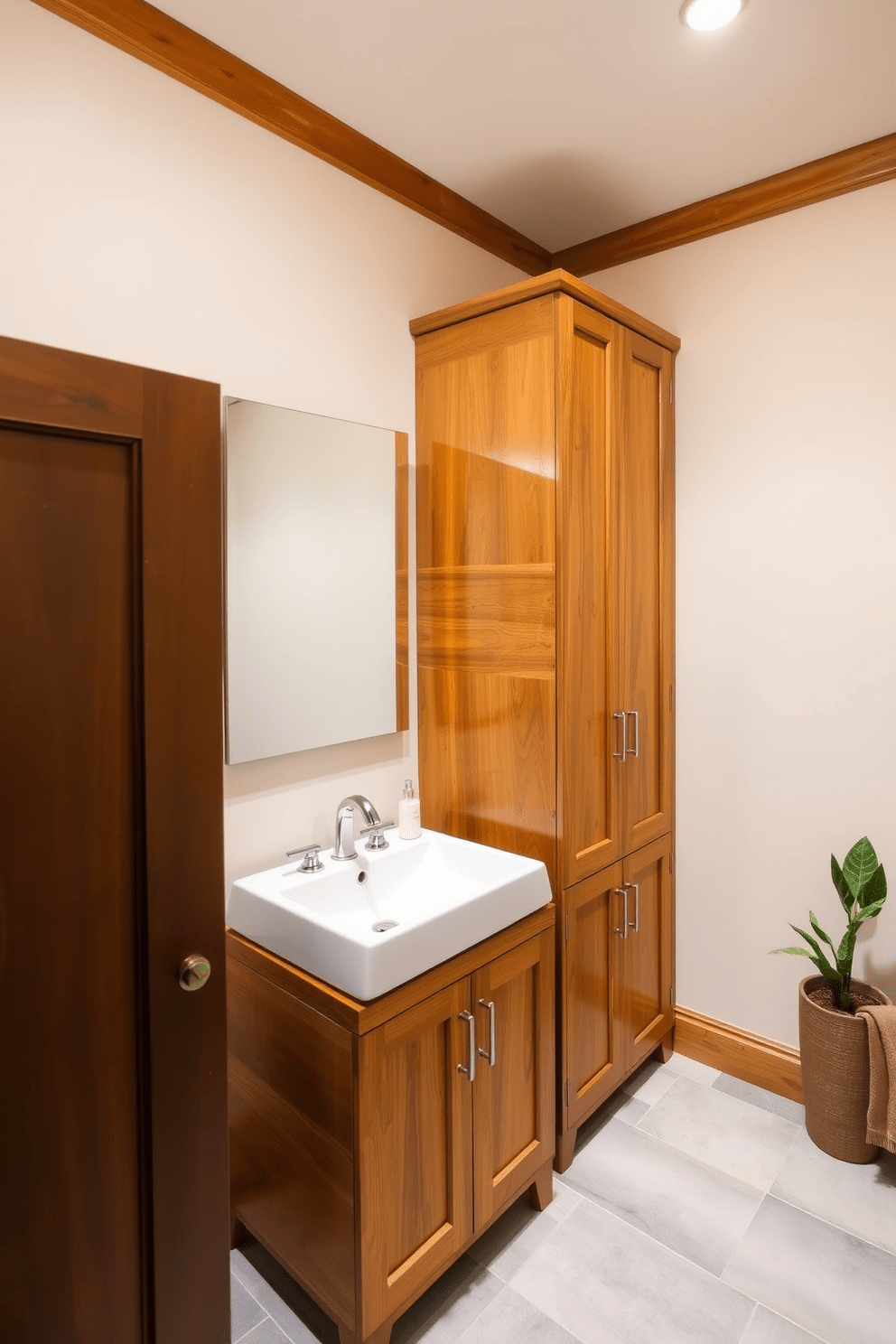 A stylish half bathroom featuring natural wood accents that create a warm and inviting atmosphere. The walls are painted in a soft beige, complemented by a wooden vanity with a sleek white sink and brushed nickel fixtures. To the side, a tall wooden cabinet offers ample storage while maintaining the cohesive design. The floor is adorned with light gray tiles, and a small potted plant adds a touch of greenery to the space.