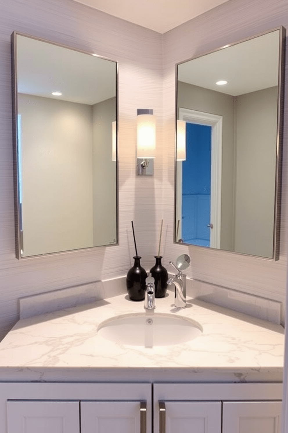 A stylish half bathroom featuring mirrored cabinets that enhance the sense of space and depth. The cabinets are framed in sleek chrome, reflecting the soft lighting and creating an inviting atmosphere. The walls are adorned with a subtle textured wallpaper in a light hue, complementing the polished marble countertop. A modern sink with a minimalist faucet sits atop the counter, flanked by elegant decorative accessories.