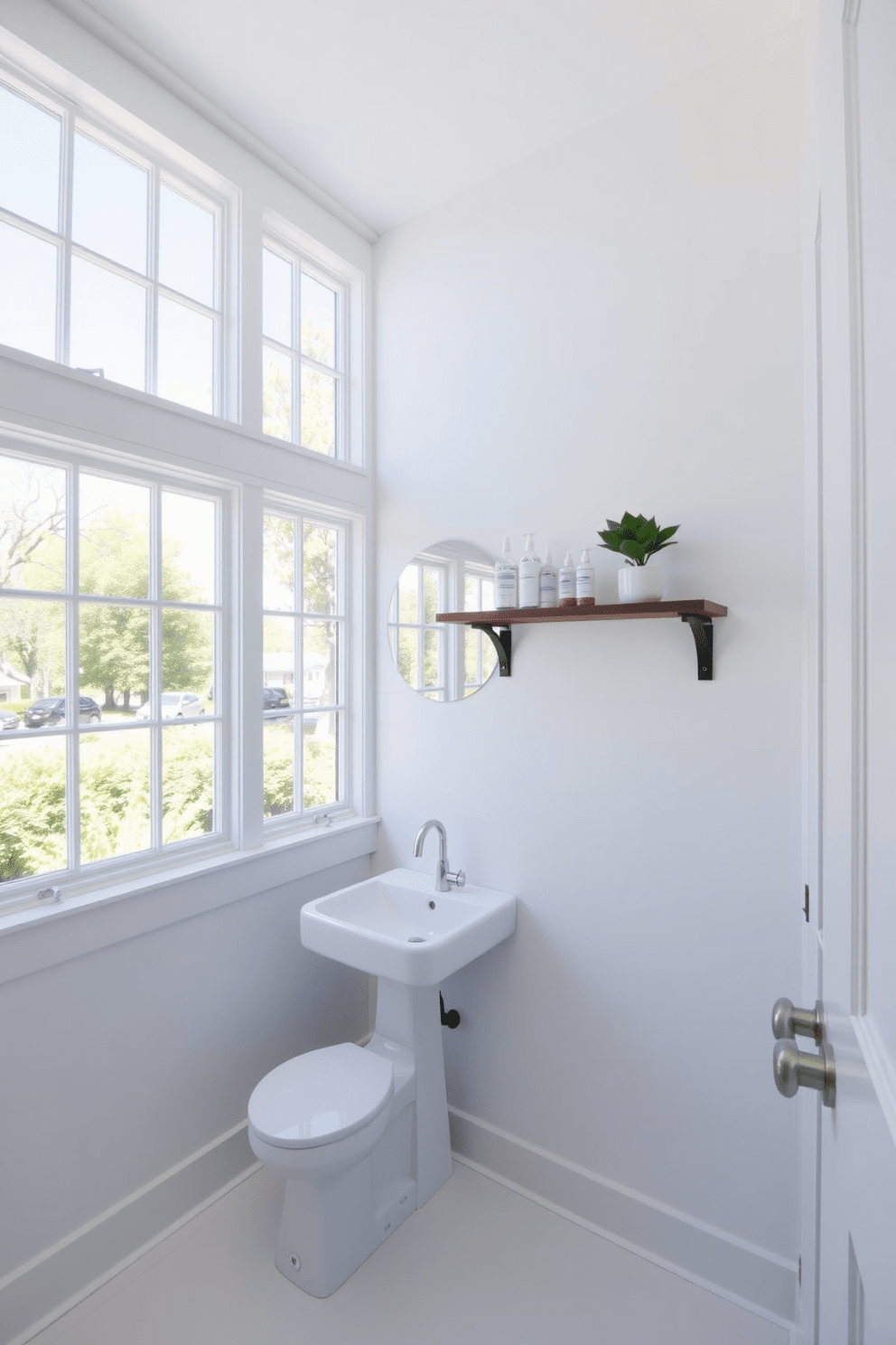 A bright and airy half bathroom featuring large windows that allow natural light to flood the space. The walls are painted in a soft white color, creating a spacious and inviting atmosphere. A sleek pedestal sink is positioned against one wall, complemented by a stylish wall-mounted faucet. Decorative shelves above the sink display neatly arranged toiletries and a small potted plant for a touch of greenery.