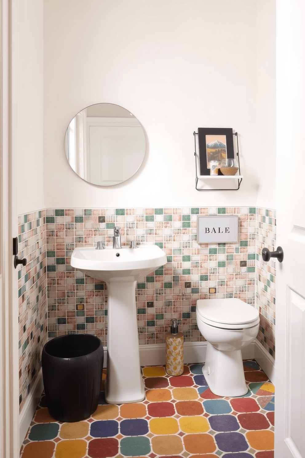 A vibrant half bathroom features colorful tiles arranged in a unique pattern that adds character to the space. The walls are painted in a soft neutral tone to balance the boldness of the floor tiles. A sleek pedestal sink with a modern faucet sits against one wall, complemented by a round mirror with a simple frame above it. To the side, a small shelf holds decorative items, enhancing the overall aesthetic without overwhelming the design.