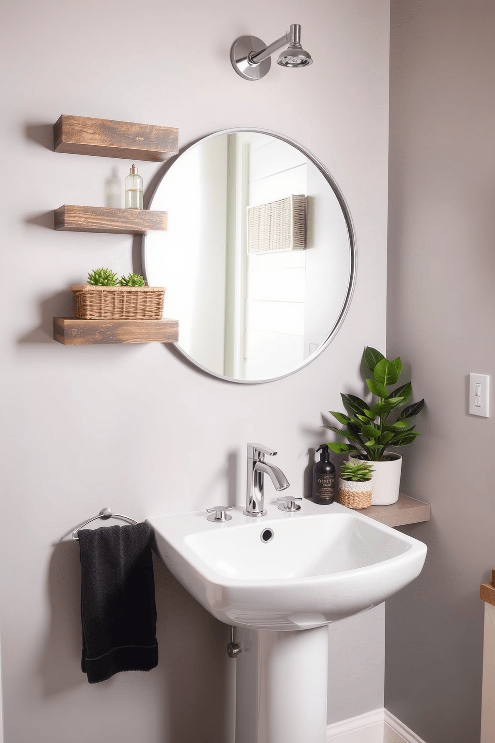 A stylish half bathroom featuring wall-mounted shelves for extra storage. The shelves are made of reclaimed wood and are adorned with decorative baskets and potted plants for a touch of greenery. The walls are painted in a soft gray hue, creating a serene atmosphere. A sleek pedestal sink is positioned beneath a round mirror framed in brushed nickel, enhancing the modern aesthetic.