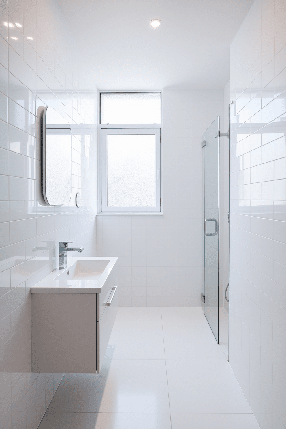 A modern minimalist hallway bathroom features sleek white tiles that create a clean and bright atmosphere. The space includes a floating vanity with a simple mirror above, enhancing the uncluttered aesthetic. Natural light floods in through a frosted glass window, illuminating the subtle textures of the white tiles. A minimalist shower area with a frameless glass door complements the overall design, creating an open and airy feel.