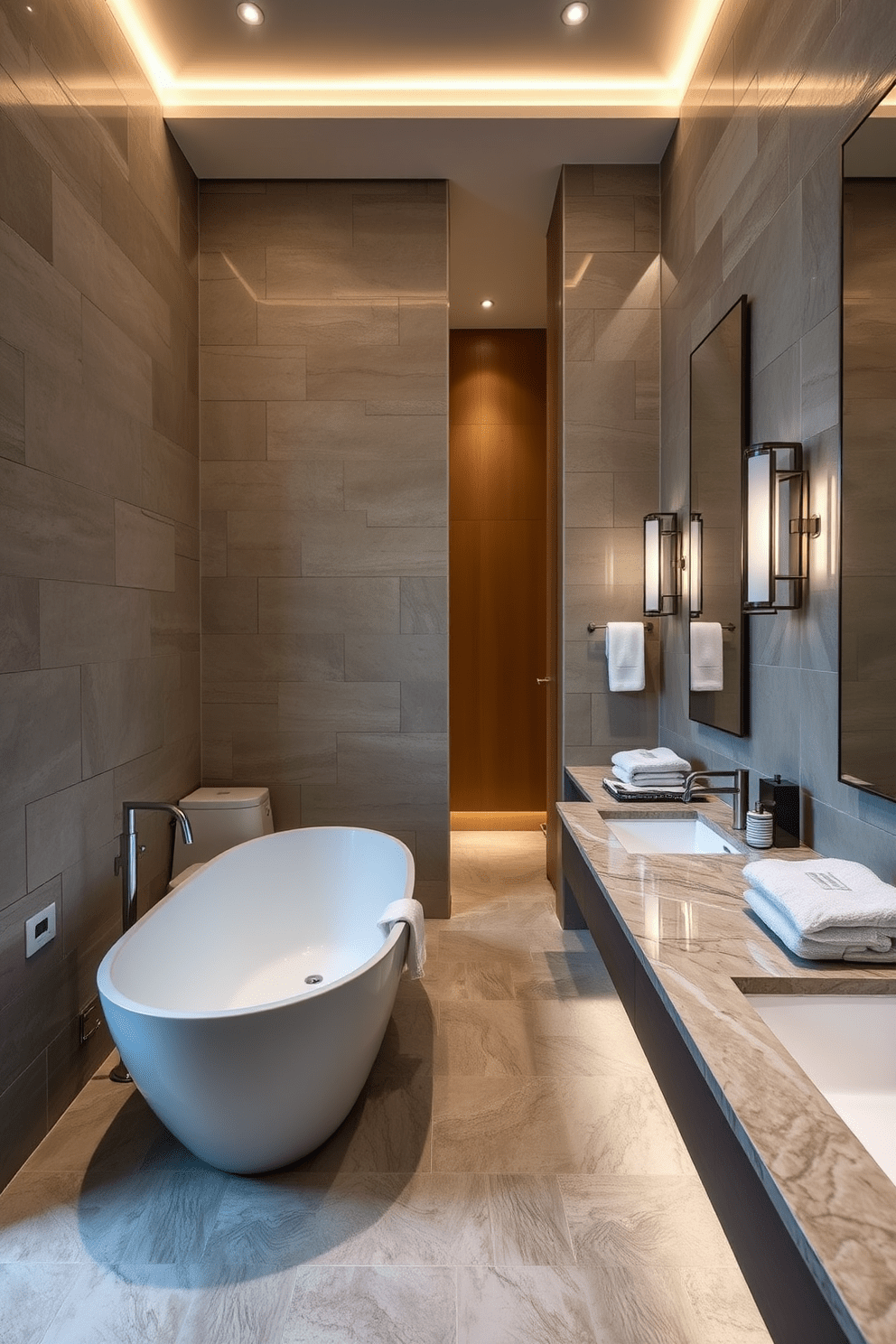 A luxurious hallway bathroom featuring natural stone walls and flooring that exude elegance. The space is complemented by a sleek freestanding bathtub and a modern double vanity with polished stone countertops. Soft ambient lighting highlights the textures of the stone while providing a warm atmosphere. Decorative elements include minimalist art pieces and plush towels neatly arranged for a sophisticated touch.