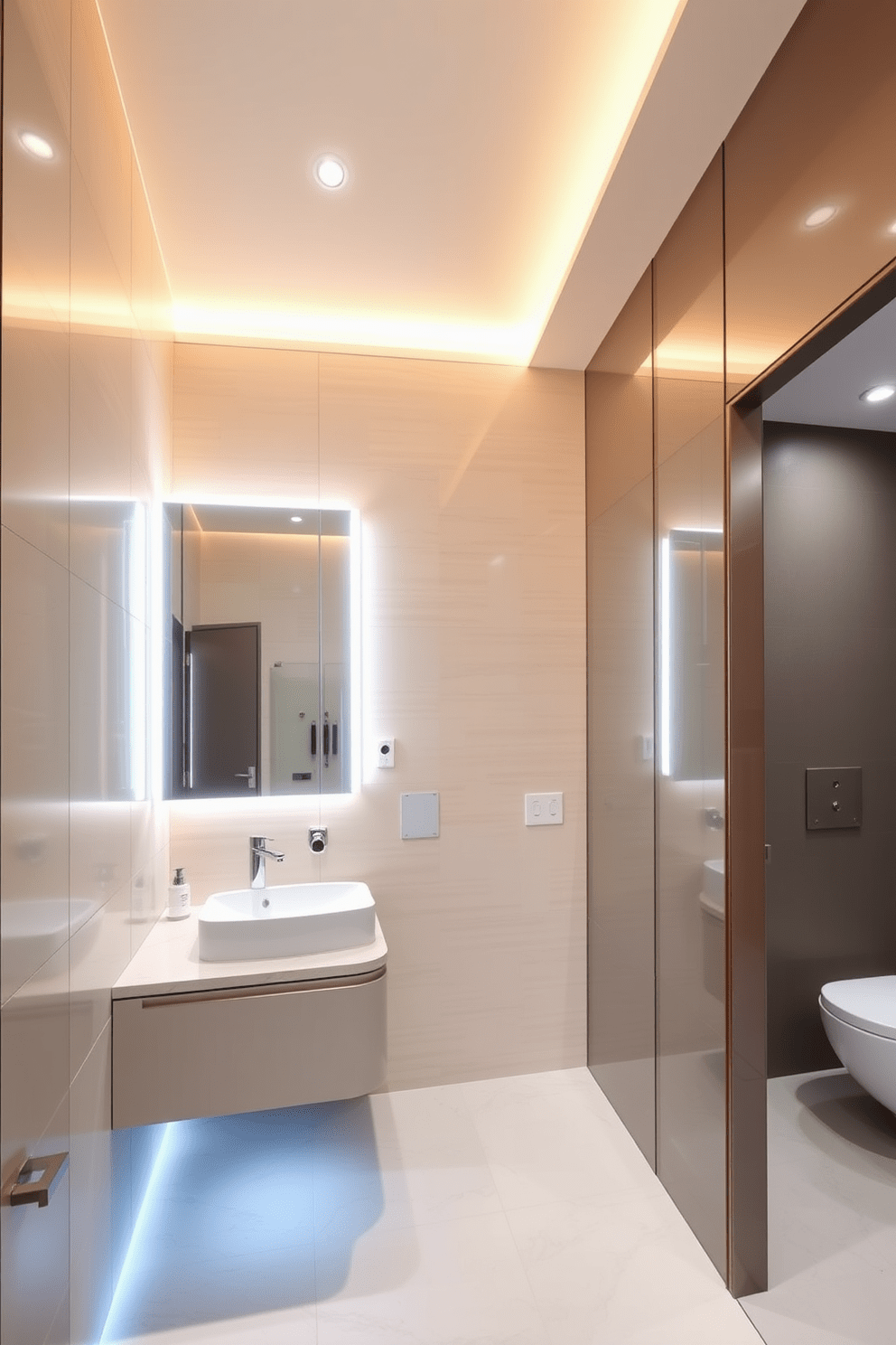 A modern hallway bathroom featuring integrated lighting that enhances the elegance of the space. The walls are adorned with sleek tiles in soft neutral tones, and the ceiling showcases recessed lighting that creates a warm ambiance. A minimalist floating vanity with a polished stone countertop is paired with contemporary fixtures. Large mirrors with built-in LED lighting reflect the light, making the space feel open and inviting.