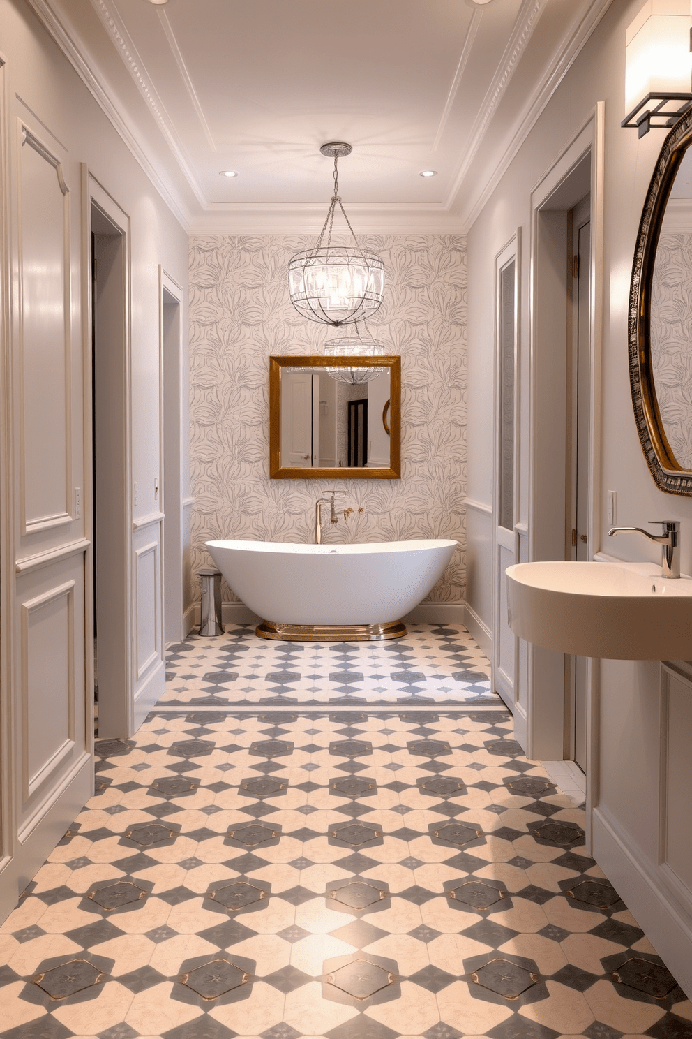 A stylish hallway features patterned floor tiles that add visual interest and depth. The tiles are a mix of geometric shapes in soft blues and whites, creating a serene atmosphere. The bathroom showcases a modern design with sleek fixtures and a spacious layout. A freestanding bathtub is centered against a backdrop of elegant wallpaper, complemented by a chic chandelier above.