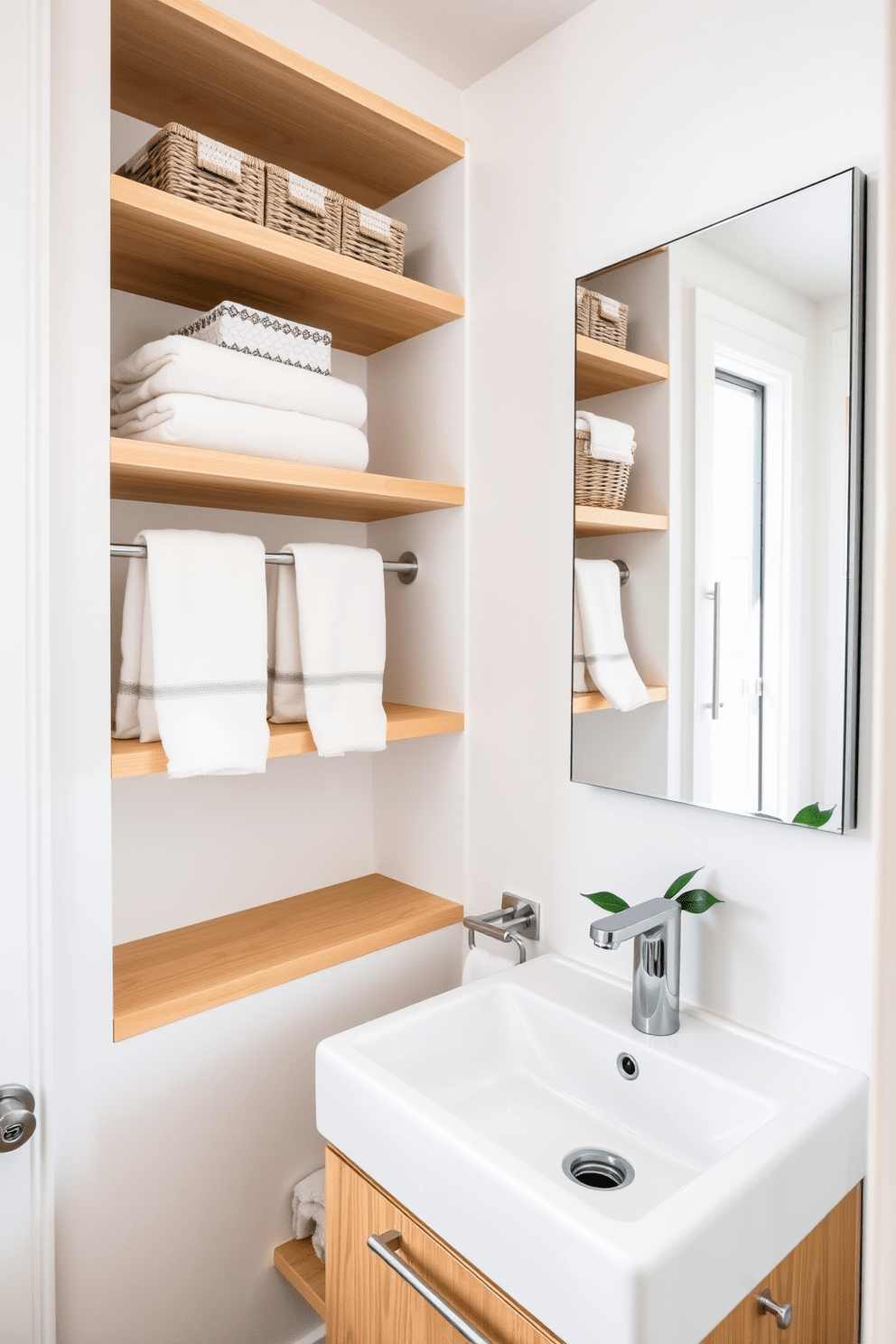 Open shelving lines the walls of a bright and airy hallway bathroom, showcasing neatly arranged towels and decorative baskets for easy access storage. The shelves are made of light wood, complementing the soft white walls and adding warmth to the space. The bathroom features a sleek, modern sink with a polished chrome faucet, positioned beneath a large, frameless mirror that reflects the natural light. A stylish potted plant sits on the countertop, enhancing the fresh and inviting atmosphere of the room.