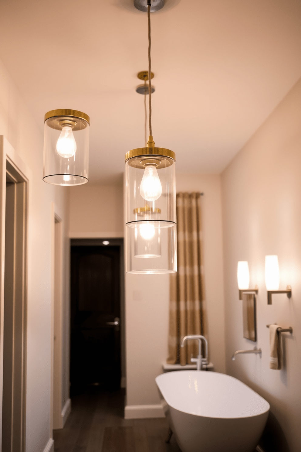 Chic pendant lights hang gracefully from the ceiling, casting a warm and inviting glow throughout the space. The sleek design features a combination of metal and glass, enhancing the modern aesthetic of the hallway. The bathroom showcases a harmonious blend of contemporary fixtures and soft textures. A freestanding tub is complemented by elegant wall sconces, while the neutral color palette creates a serene atmosphere.