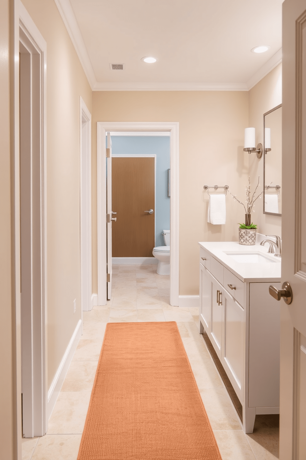 Cohesive color palette for seamless design. The hallway features soft beige walls complemented by a warm taupe runner rug, creating a serene transition space. Hallway Bathroom Design Ideas. The bathroom showcases a sleek white vanity with brushed nickel fixtures, paired with a calming pale blue accent wall that enhances the overall tranquility.