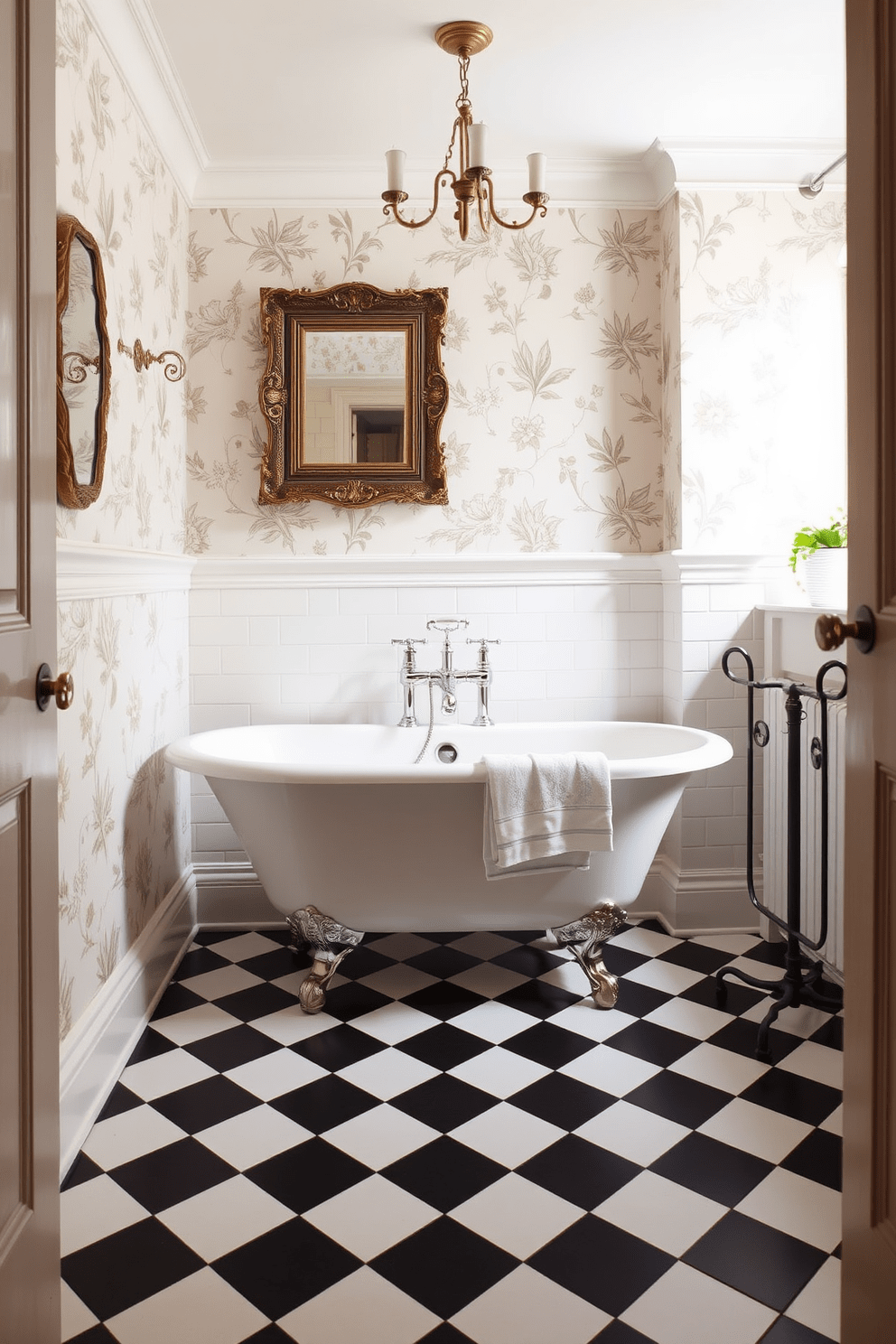 A vintage-inspired clawfoot tub serves as the centerpiece of the bathroom, surrounded by elegant fixtures and soft lighting. The walls are adorned with classic wallpaper in muted floral patterns, enhancing the nostalgic charm of the space. The flooring features a checkerboard pattern in black and white, creating a striking contrast with the tub. Antique-style accessories, such as a freestanding towel rack and a decorative mirror, add a touch of sophistication to the hallway bathroom design.