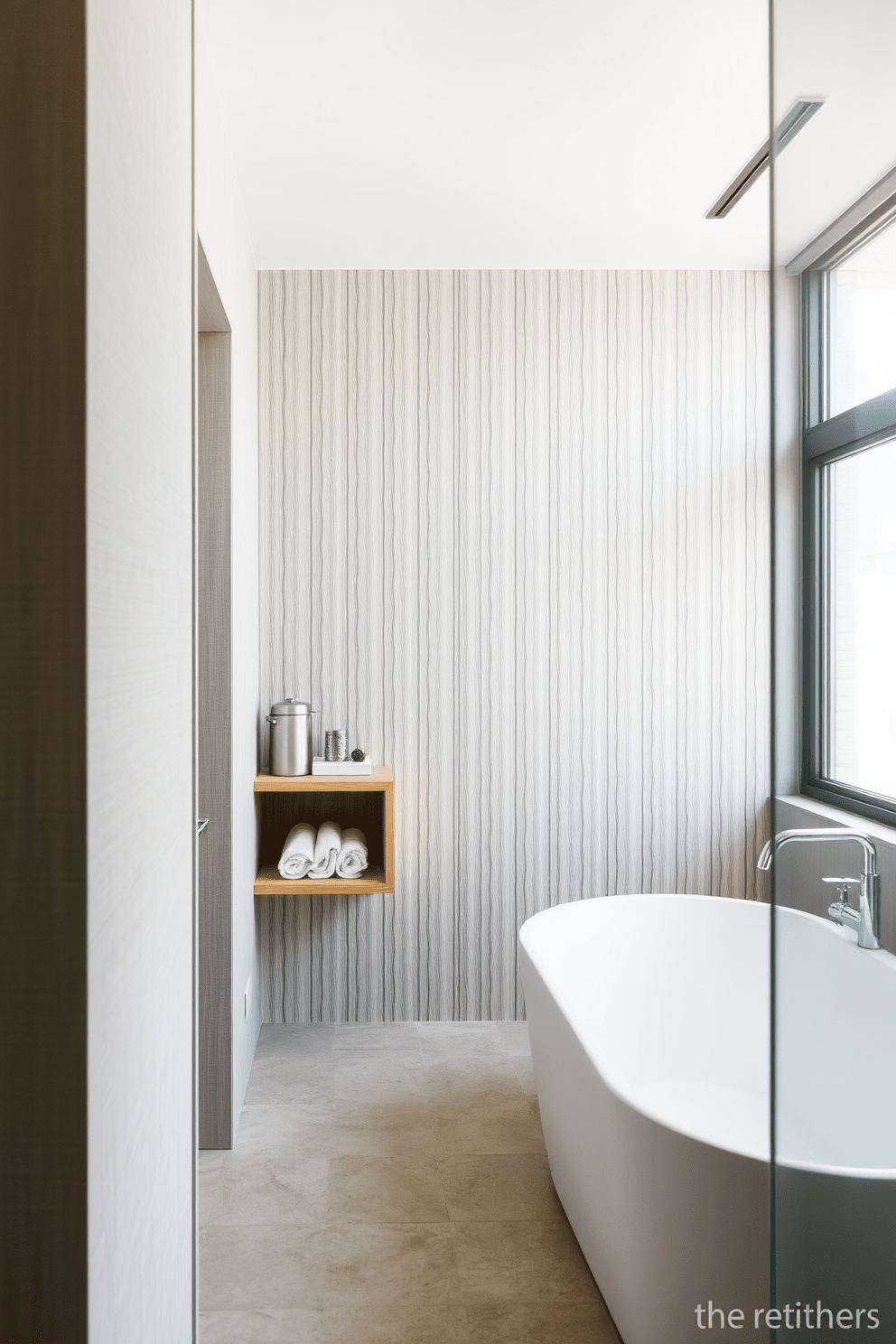 Textured wall panels create a striking visual impact in the hallway leading to the bathroom. The panels are finished in a soft gray hue, enhancing the light and airy feel of the space. In the bathroom, a freestanding soaking tub is positioned under a large window, allowing natural light to flood the room. The tub is complemented by a minimalist wooden shelf that holds neatly rolled towels and a few curated decor items.