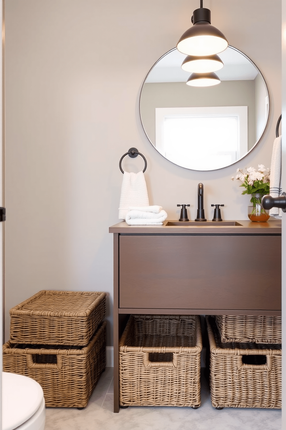 A stylish hallway bathroom featuring functional storage solutions with woven baskets neatly arranged under a sleek wooden vanity. The walls are painted in a soft gray tone, and a large round mirror hangs above the vanity, reflecting the warm light from a contemporary fixture.