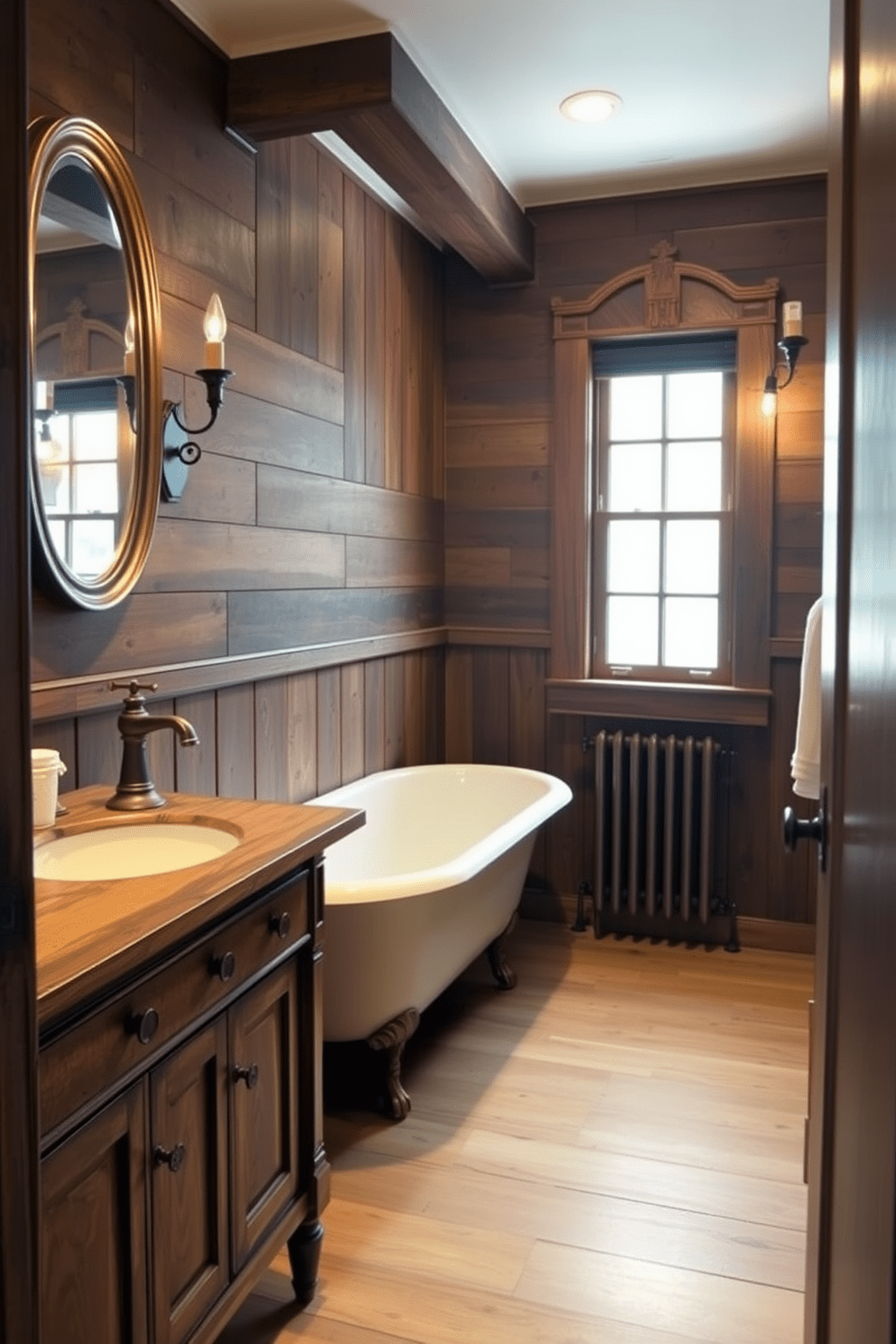 A cozy hallway bathroom featuring rustic wood accents and vintage fixtures. The walls are adorned with reclaimed wood paneling, and a classic clawfoot bathtub sits elegantly against one wall. A distressed wooden vanity with a bronze faucet complements the vintage aesthetic. Soft, ambient lighting from antique sconces enhances the warm atmosphere of the space.