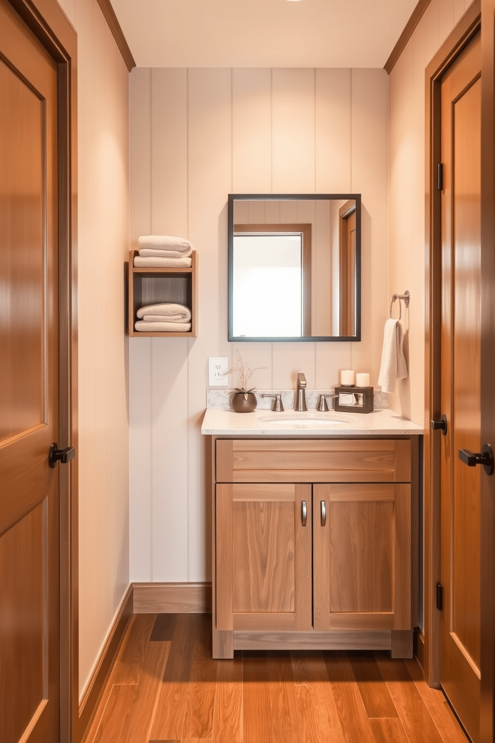 Warm wood tones create an inviting atmosphere in this hallway bathroom. The walls are adorned with light beige paneling, while the floor features rich hardwood that complements the overall design. A spacious wooden vanity with a quartz countertop provides ample storage and style. Above the vanity, a sleek framed mirror reflects the warm lighting, enhancing the cozy ambiance. Soft, plush towels in neutral tones are neatly arranged on a wooden shelf. Decorative elements, such as a small potted plant and scented candles, add a personal touch to the space.