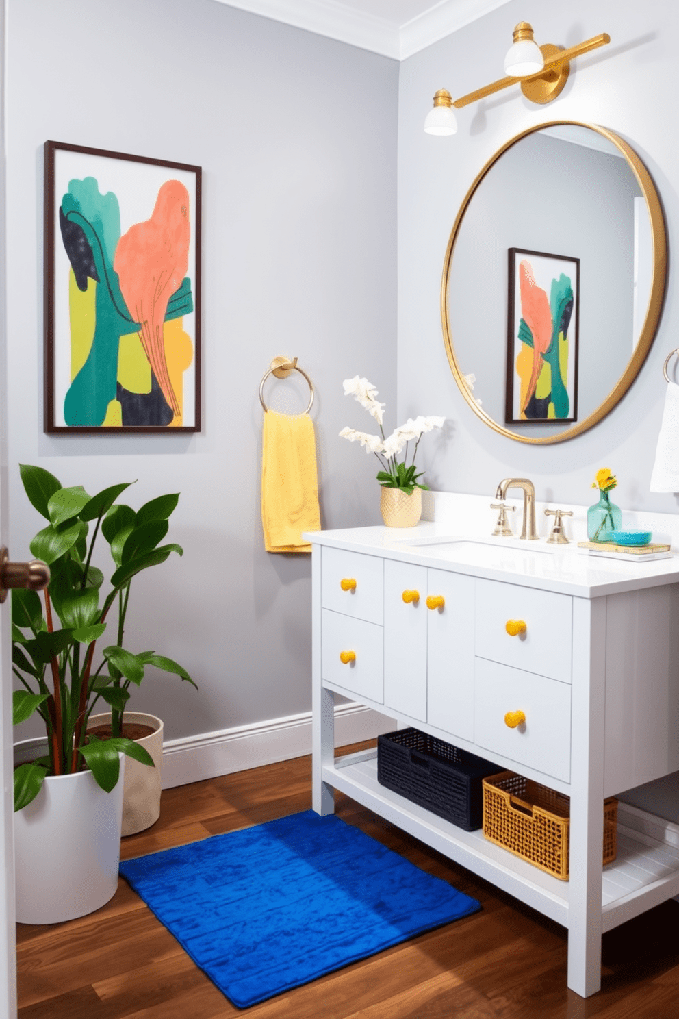 Bright accents to energize the room. The hallway bathroom features a sleek white vanity with vibrant yellow handles and a large round mirror framed in gold. The walls are painted in a soft gray, creating a neutral backdrop for colorful artwork. A bright blue rug adds a pop of color beneath the vanity, while fresh green plants bring life to the space.