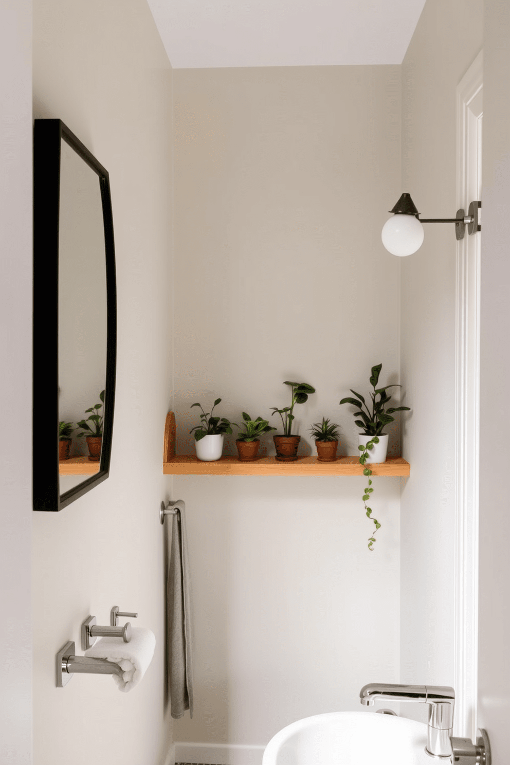 A serene hallway bathroom featuring small potted plants that add a fresh natural vibe. The walls are painted in a soft pastel hue, complemented by sleek fixtures and a minimalist wooden shelf to display the greenery.