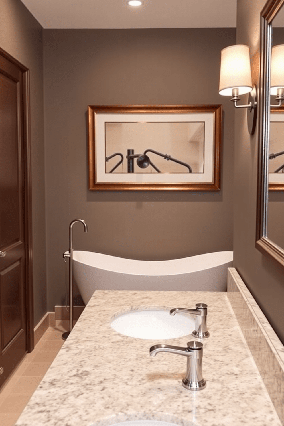 Elegant fixtures for a touch of luxury. The hallway bathroom features a sleek freestanding tub with a floor-mounted faucet, complemented by a pair of stylish wall sconces that cast a warm glow. The vanity showcases a polished granite countertop with under-mount sinks. A large, framed mirror above the vanity reflects the soft lighting, enhancing the spacious feel of the room.