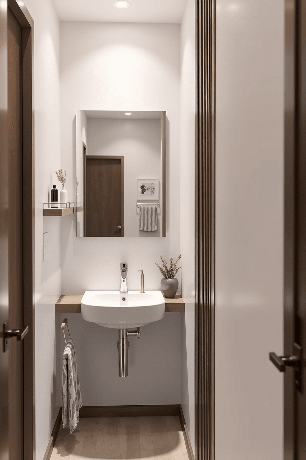 A modern space-saving corner sink design features a sleek, wall-mounted basin made of white ceramic. The surrounding area is adorned with floating shelves that hold decorative items and essential toiletries, maximizing both style and functionality. A hallway bathroom design includes a narrow layout with light-colored walls that create an illusion of spaciousness. A large mirror above the sink reflects natural light, while stylish fixtures and a small potted plant add a touch of elegance.